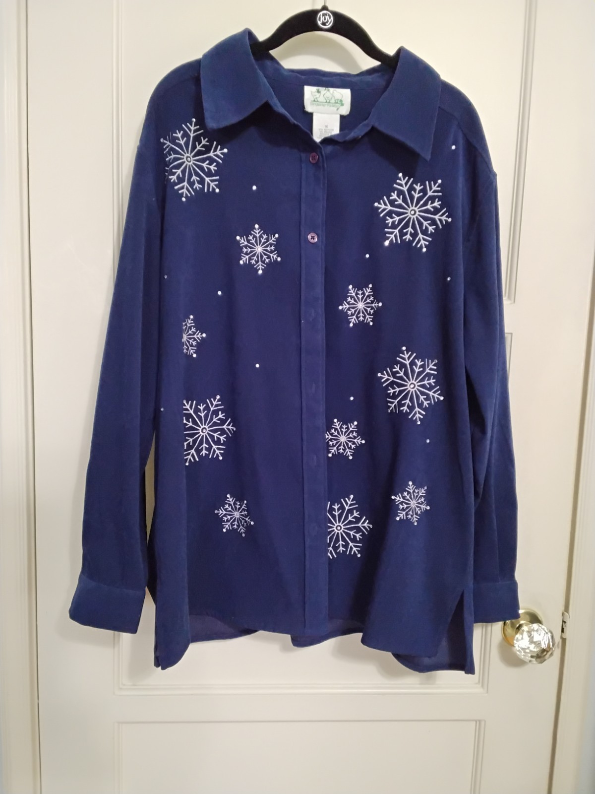 Quacker Factory Navy Blouse Shirt 1X Microsuede Silver Embroidered Snowflakes