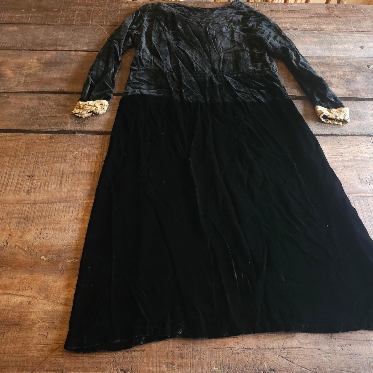 Antique Black Velvet Dress W/ Lace Detailing on Sleeves &Cuffs Long Sleeve Vneck