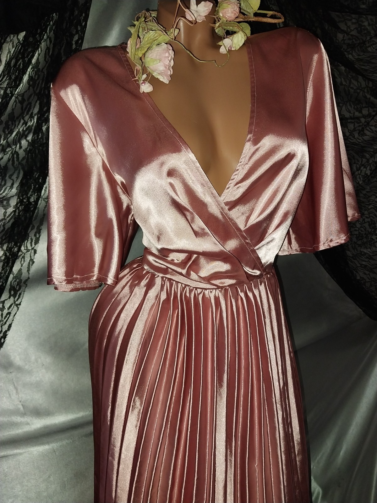 VTG SATIN LIQUID SHINY PINK CRYSTAL PLEAT MIDI GLAM DRESS L/XL PLUNGE HOLLYWOOD
