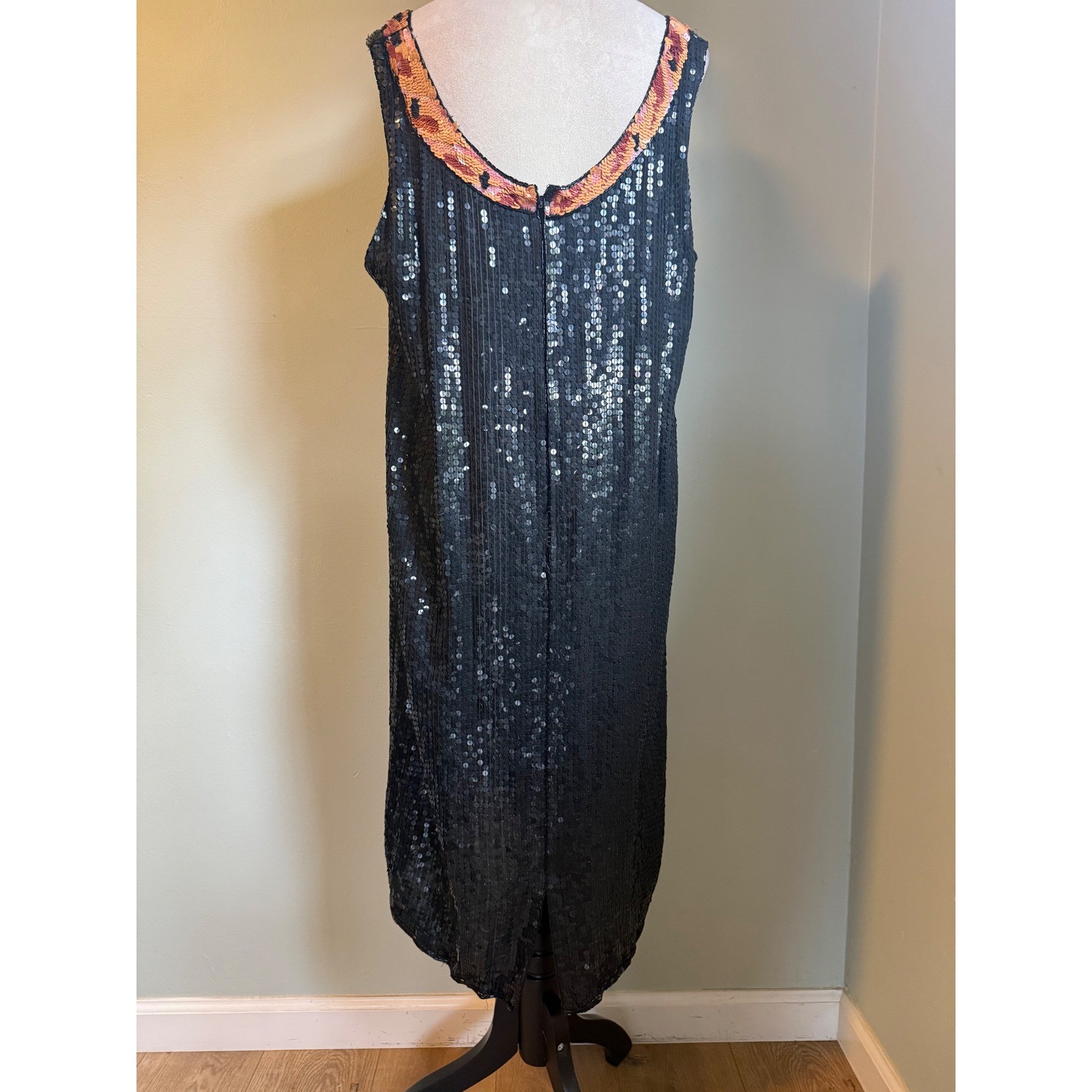 Vintage Black Sequin Silk Shift Dress 1X boho whimsi goth Party Midi Gown dress