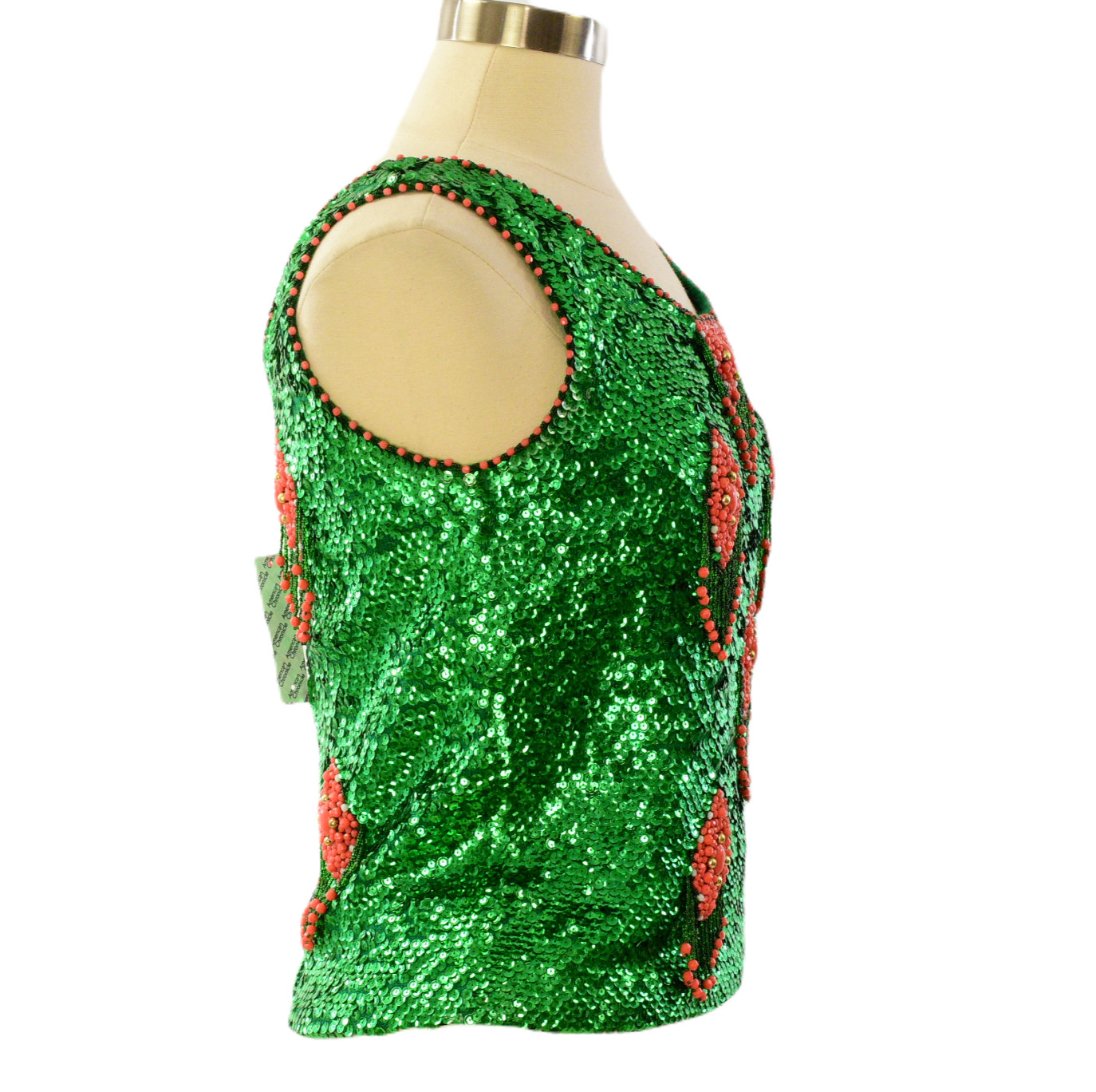 50s Vintage Beaded Sequin Wool Top Womens S Green Coral Rockabilly Cocktail Tank