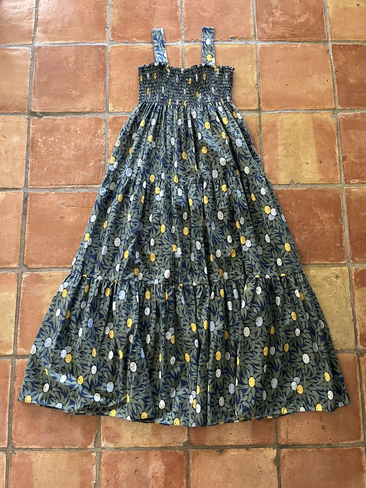 1970s Olive Print Smocked Maxi Dress Cotton Blend Hostess Resort Sundress OS VTG