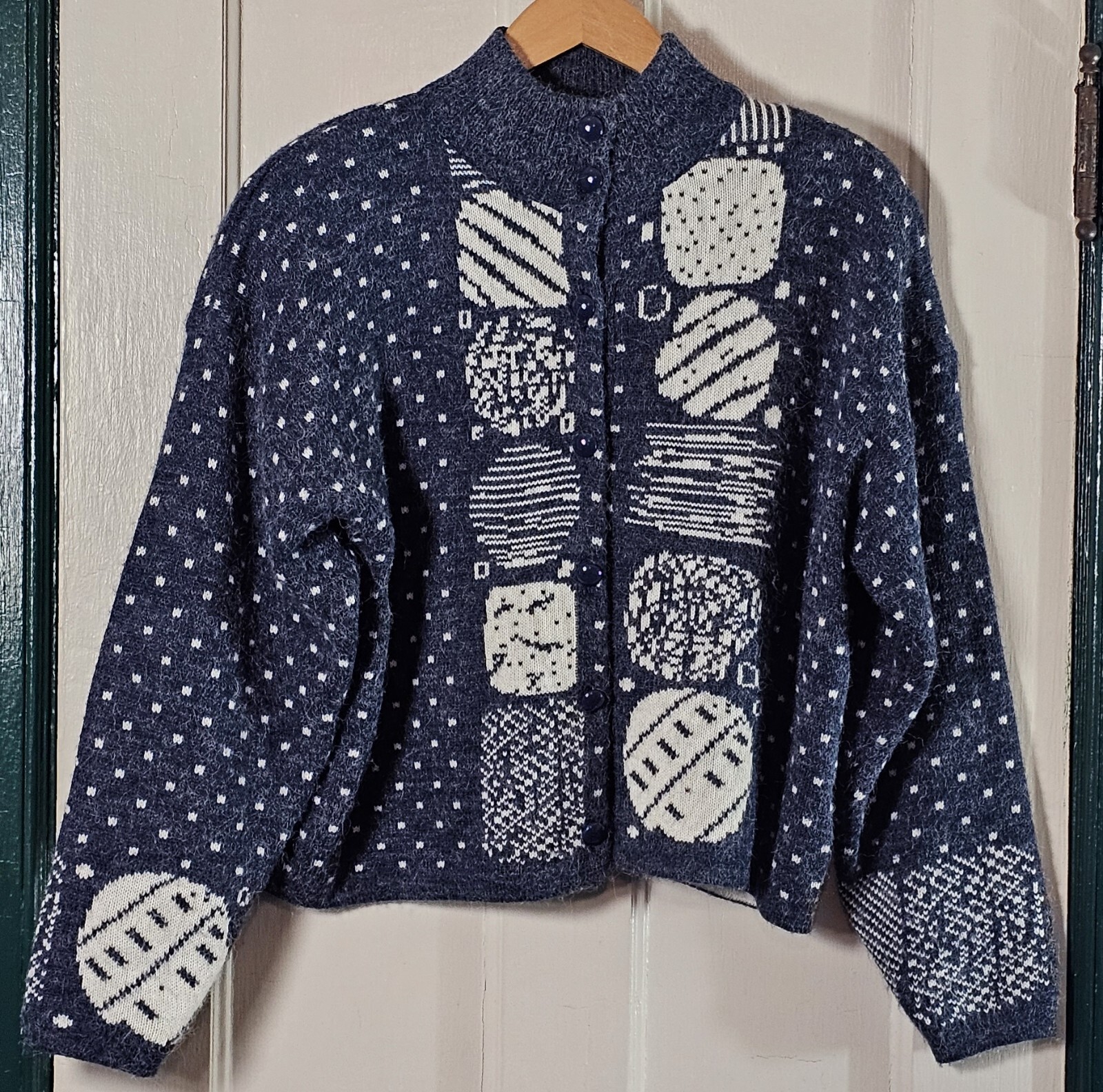 VTG Barbara M. Ugly X-mas Sweater Large Blue White Cardigan Grannycore Ornaments
