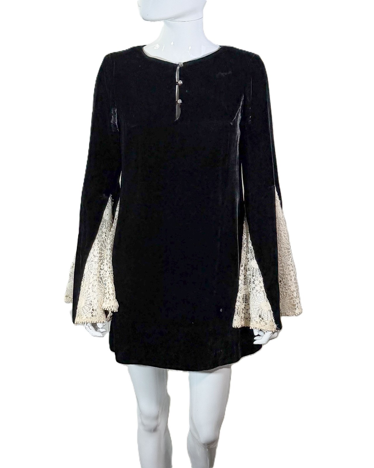 Vintage 60s Black Velvet Mini Dress Lace Angel Sleeve S