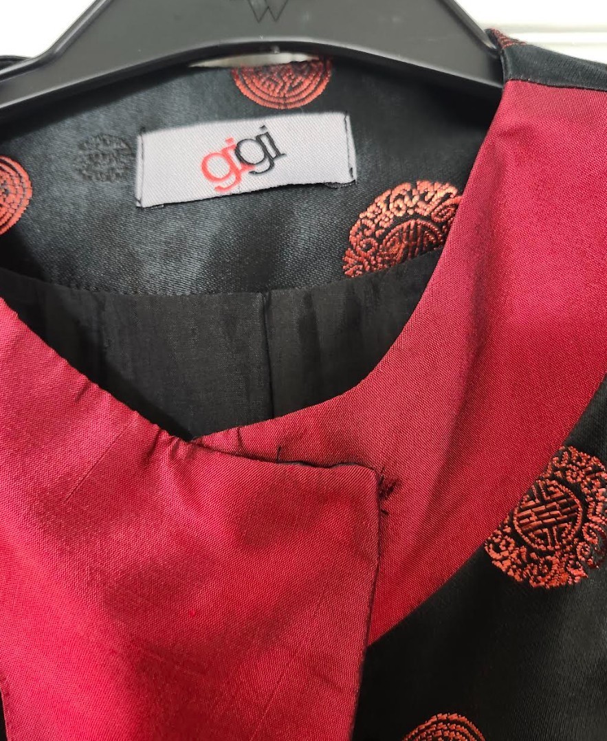 VTG 80’s does 30s Inspired Red Black Satin Brocade Asian Motif Jacket S M Gigi