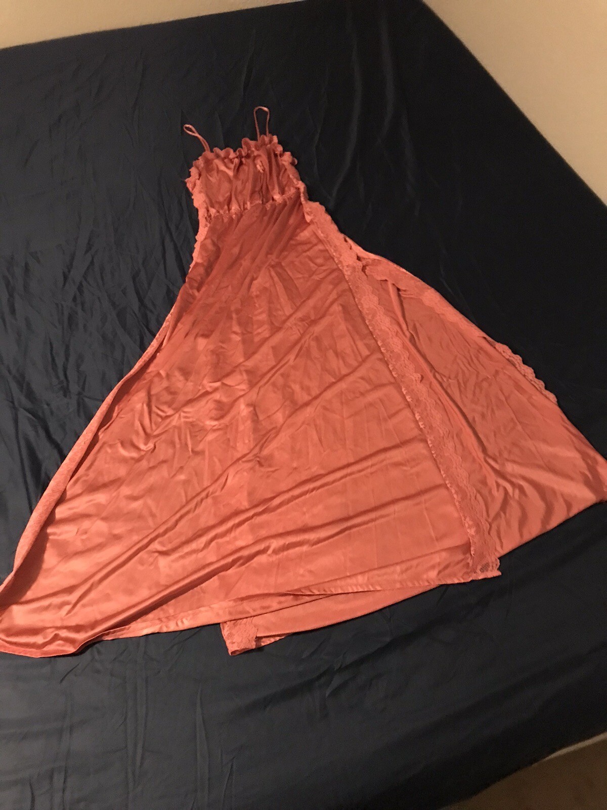 Vtg M Tall Lady Cameo Salmon Soft Nylon Nightgown Negligee Gown Lace