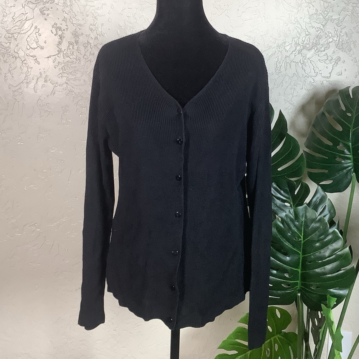 Vintage 1990s Salvatore Ferragamo Black Ribbed 100% Silk Buttoned Cardigan XL