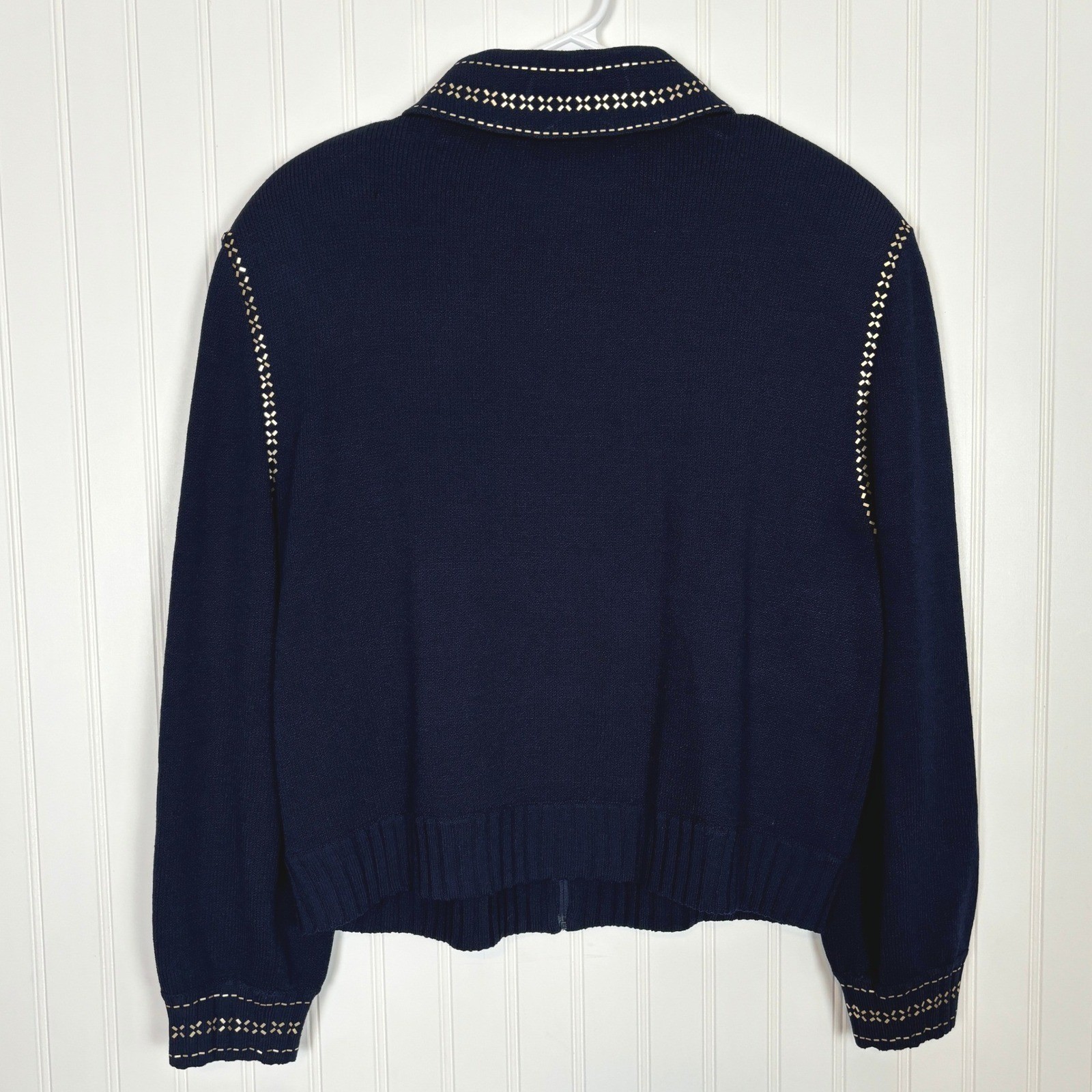 Vintage St. John Collection Knit Jacket Women 16 Navy Blue Gold Studded Zip Up