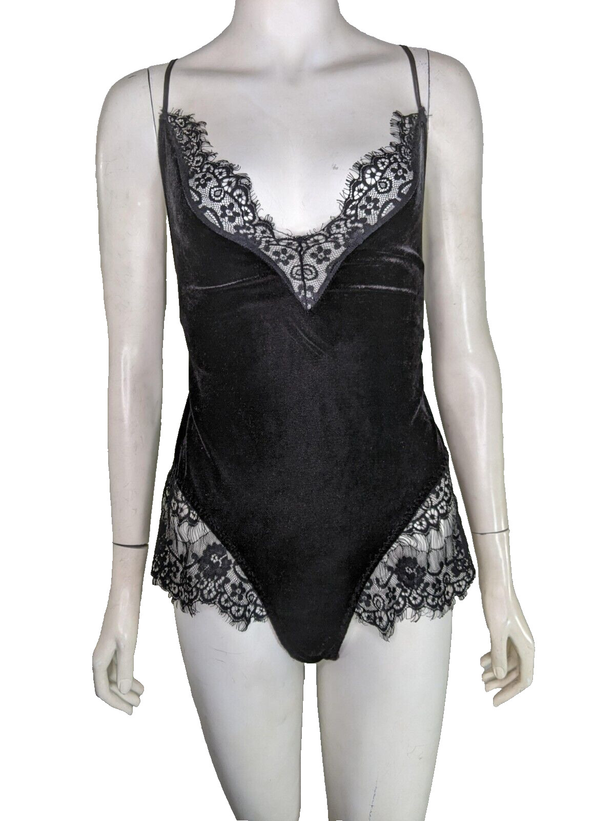 Sexy Lingerie Velvet Teddy Lace Up Bodysuit Dreamgirl One Piece Black V-Neck M