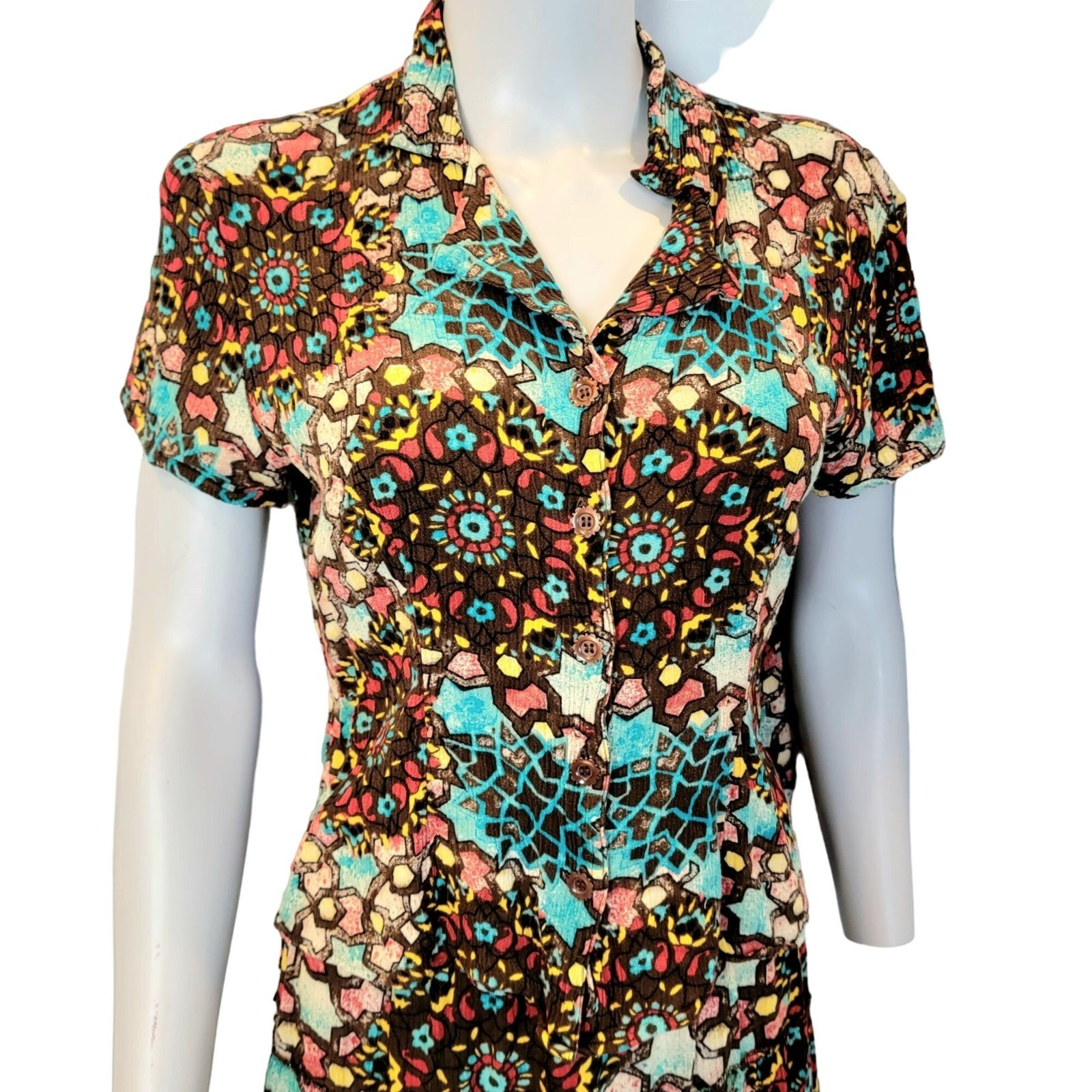 Vintage 90s Colorful Boho Set Women Medium Button Top Shirt Midi Skirt 8 10 Star