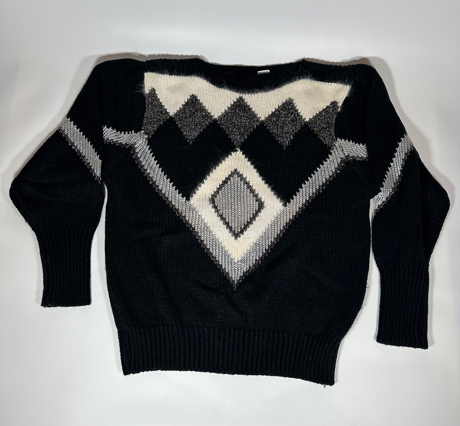 Vintage 80s 90s Maurada Black White Silver Geometric Diamond Holiday Sweater