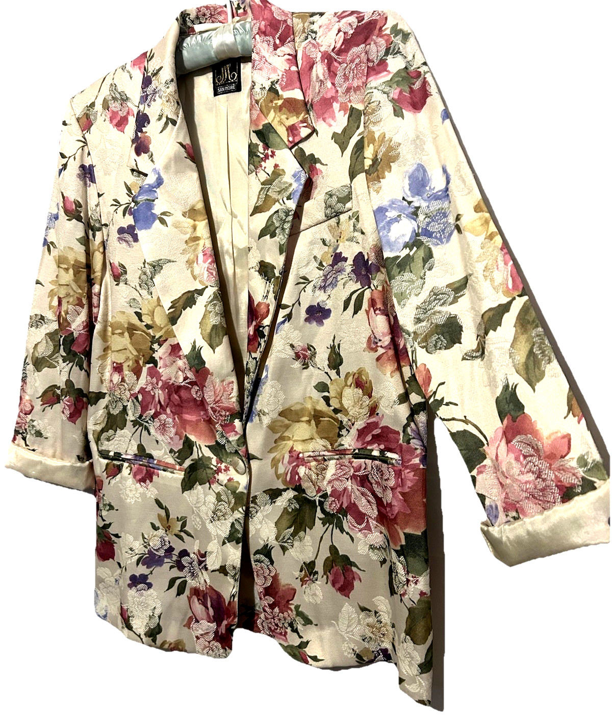 San Moire Blazer Jacket M 80s Floral Breakfast Club Coquette Rolled Sleeve VTG