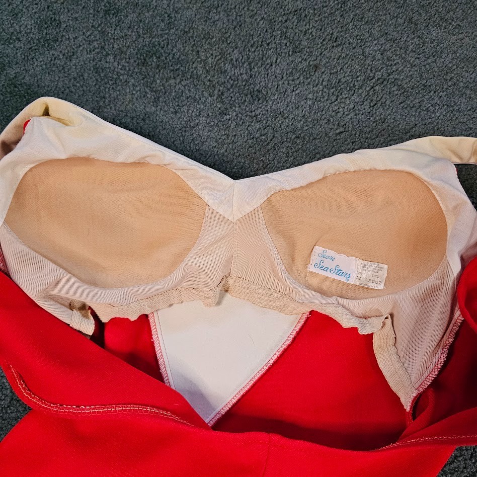 Vtg 70s Mod Color Block Volup Sears Sea Stars Diamond Swimsuit Bathing Suit L/XL
