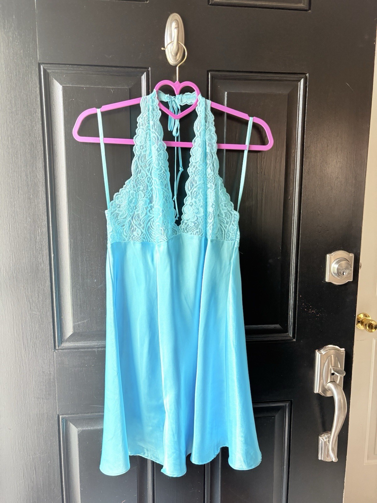 VTG Frederick’s of Hollywood Blue Satin Lace Dress Lingerie Size L Sexy Backless