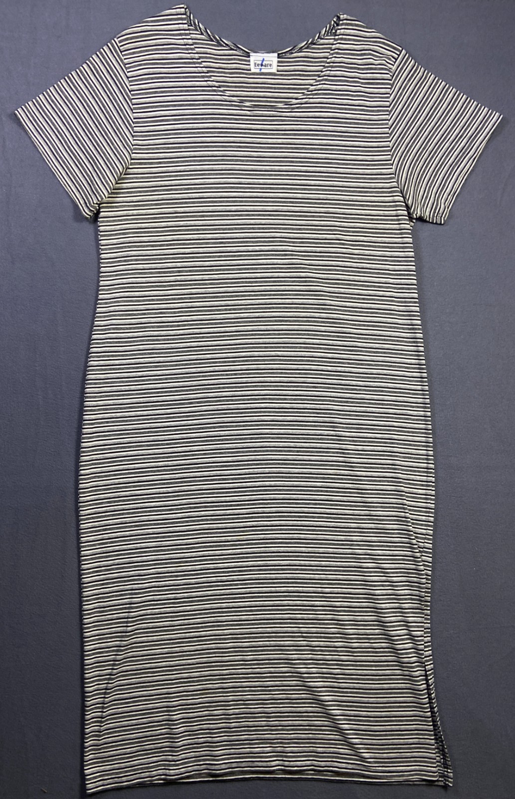 Vintage 90s Grey White Striped Beware Midi Dress Long Tall XLT 22×47 Nautical
