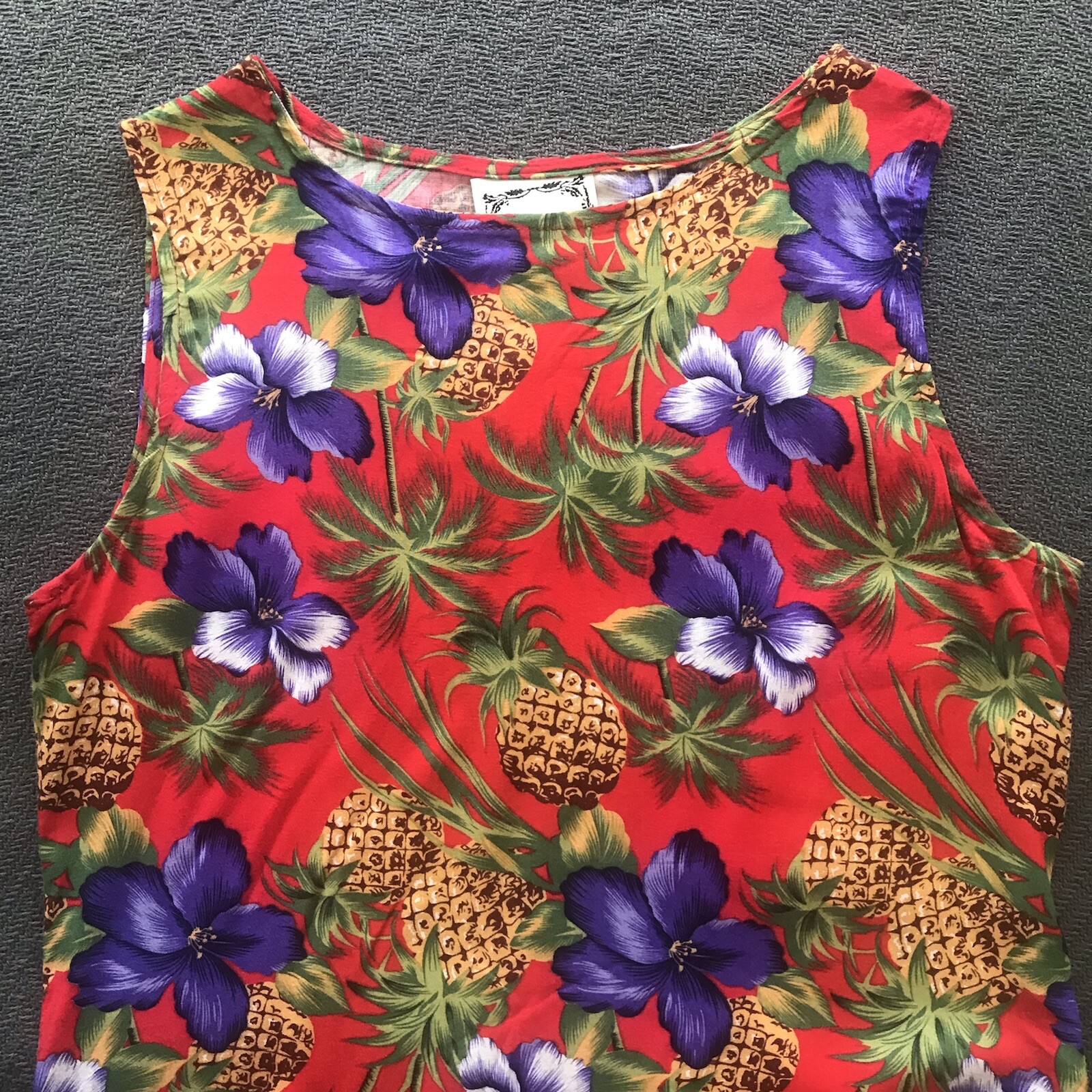 Vintage Dressing Clio Hawaiian Luau Maxi Dress Red Purple Hibiscus Pineapple S