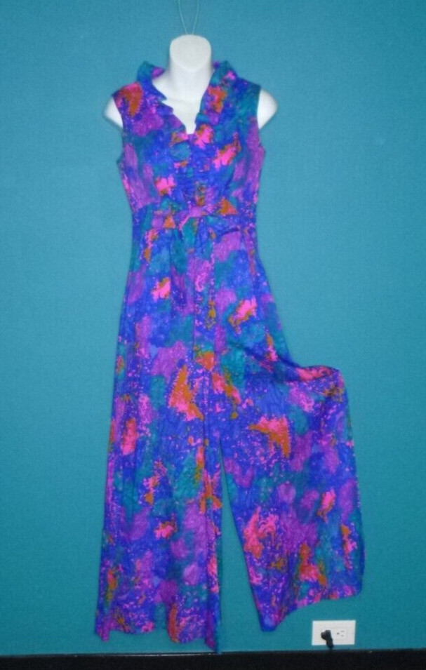 Vtg 60s Mildreds Of Hawaii Barkcloth WIDE Leg Jumpsuit MOD Abstract Print Sz S