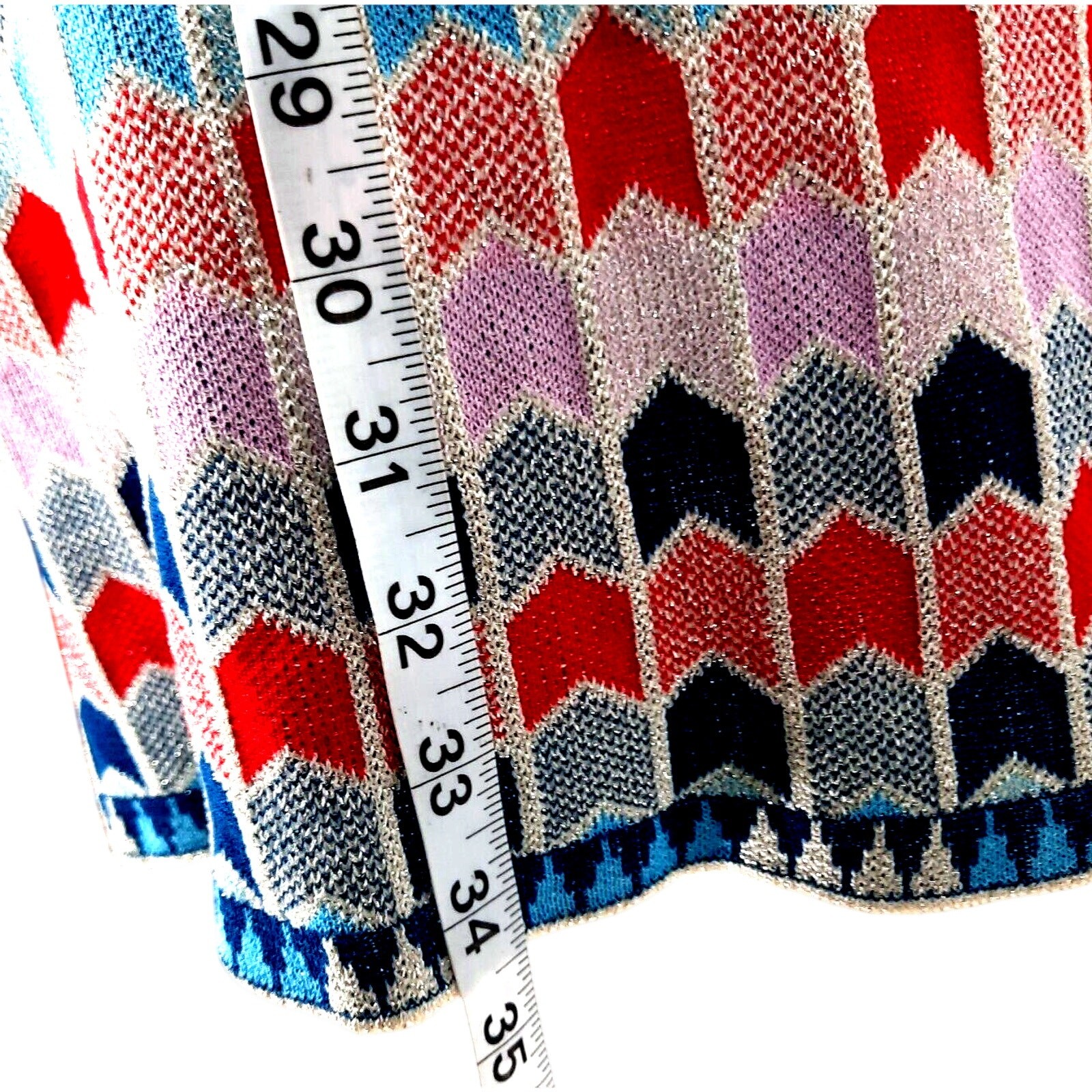 Vintage 60s MOD Geometric Silver Metallic Knit Dress Medium Red Pink Blue Retro