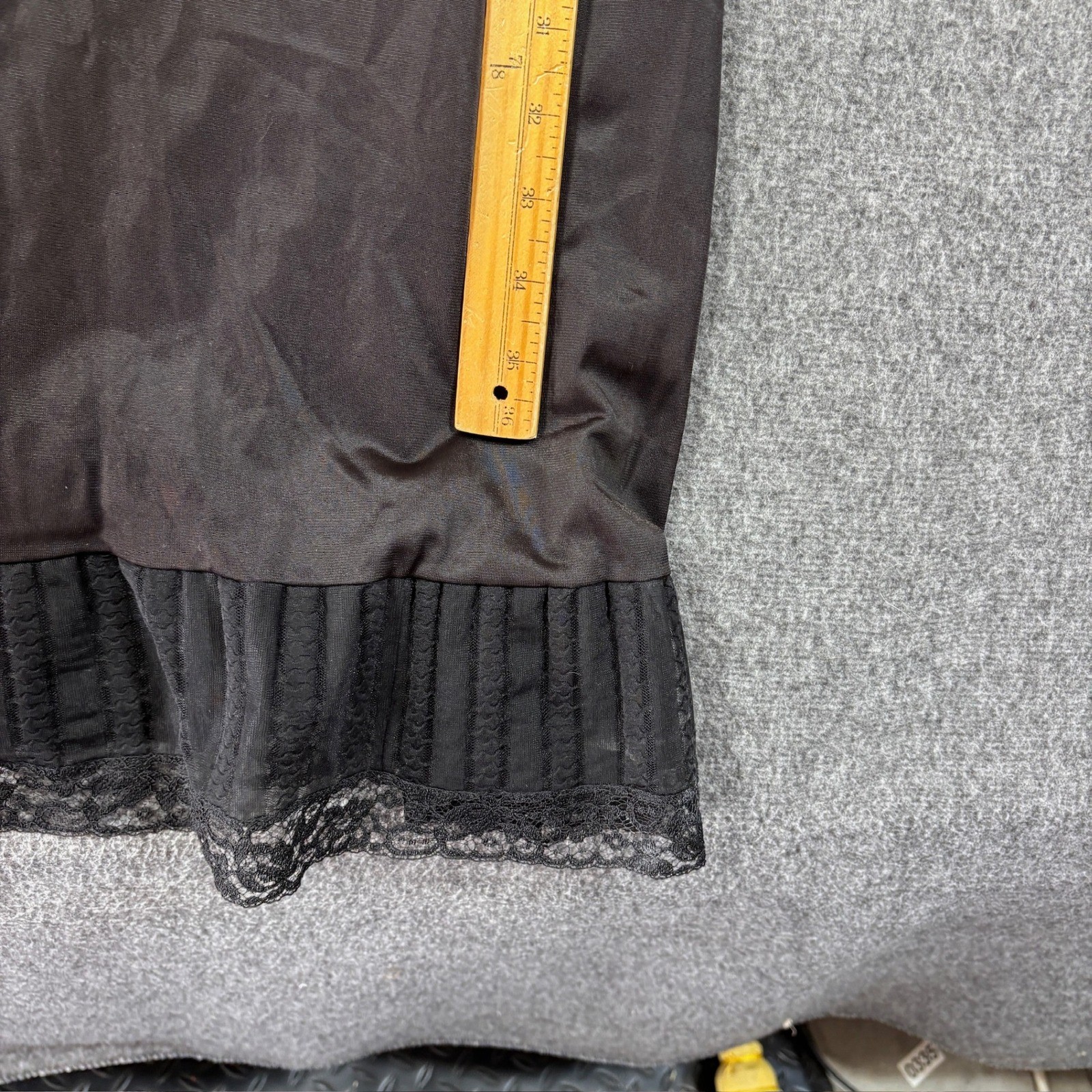 Vintage Corsage Black Nylon Tricot Full Slip Lace Trim Pleated Bodice Size 36