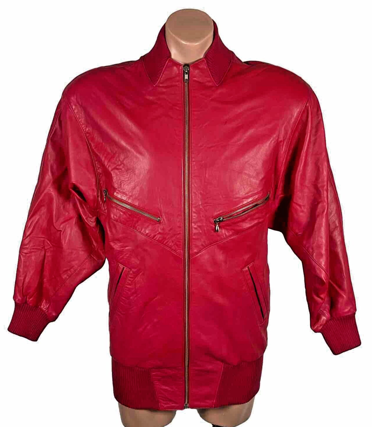 MICHAEL HOBAN NORTH BEACH RED LEATHER JACKET 80S VTG ZIP 5/6 PADDED SHOULDERS