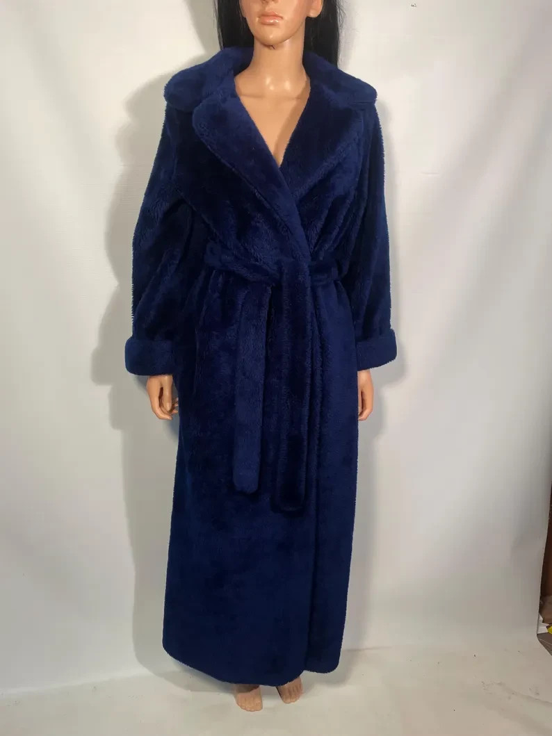 Vintage 1970s Plush Fuzzy Dark Blue Robe Made In USA Size M
