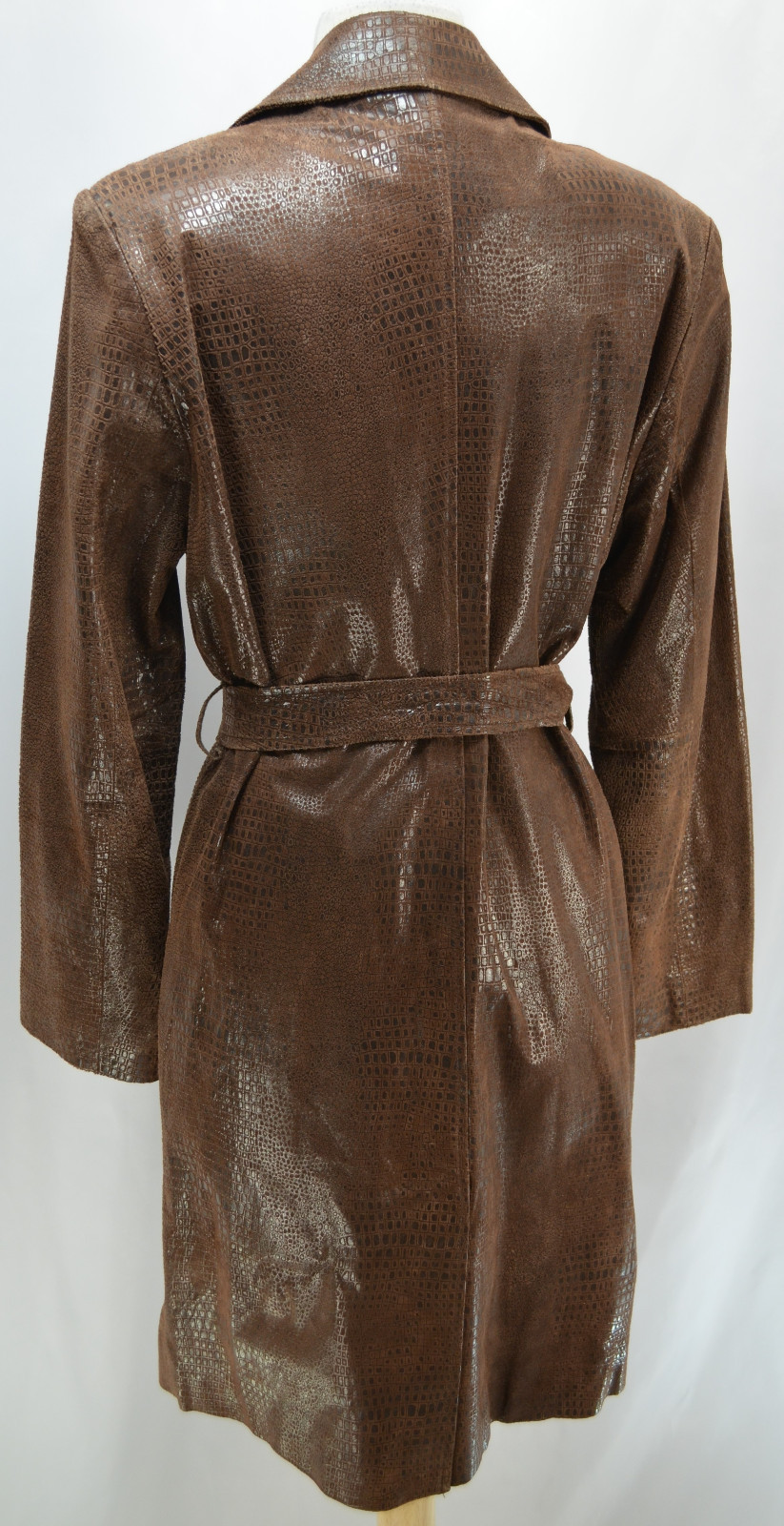 Marvin Richards Chocolate Brown Leather Reptile textured long coat trench VTG S