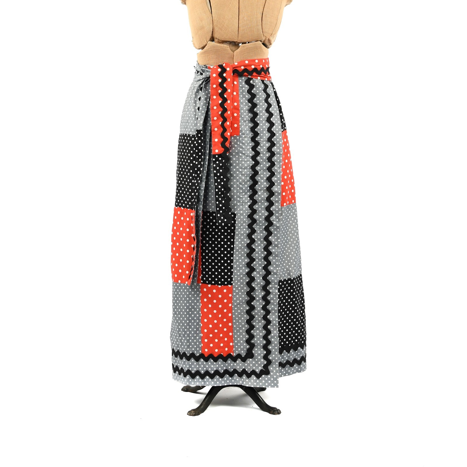 Vintage 70s Polka Dot Patchwork Wrap Maxi Skirt Red Black Gray Ric Rac Trim M