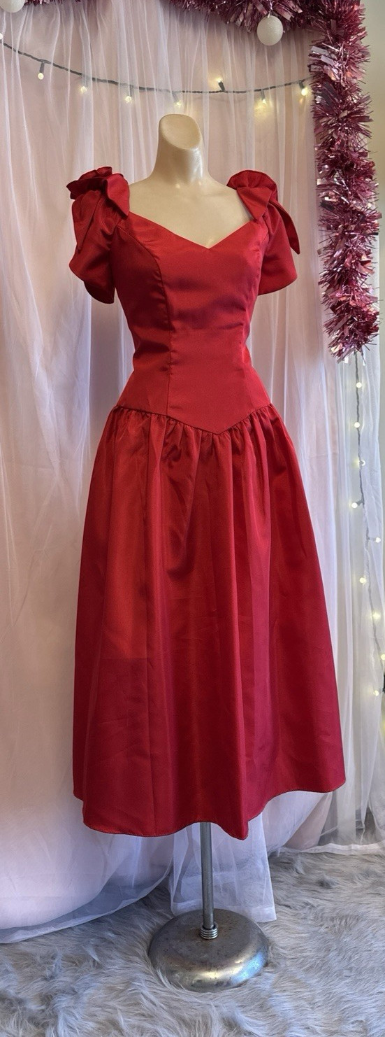 Vintage 80s Party Dress Red Puff Sleeves Bows Knee Length Prom New Wave M