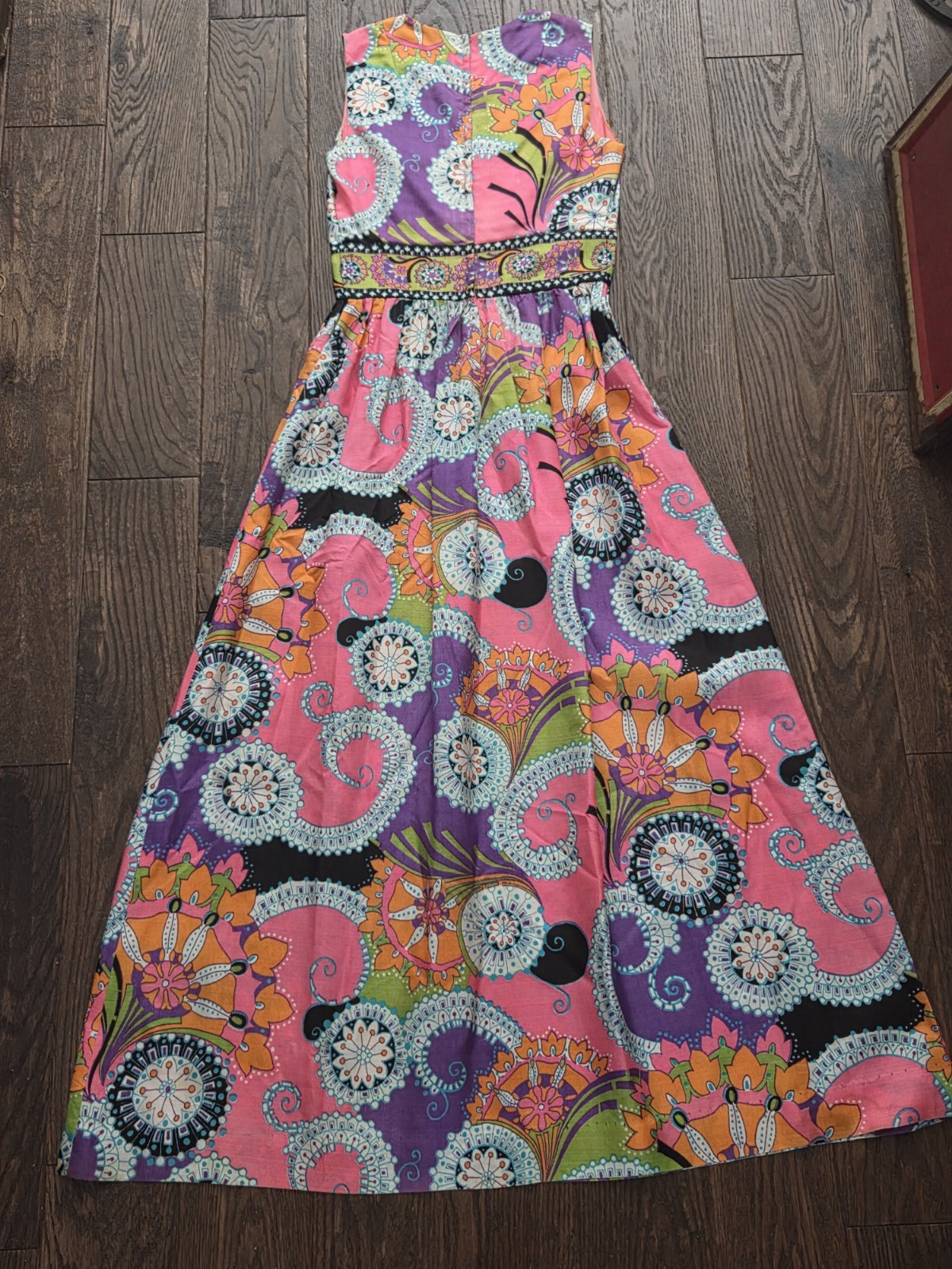 Vintage 70s Psychedelic Paisley Floral Maxi Dress Pink Purple Boho Hippie S