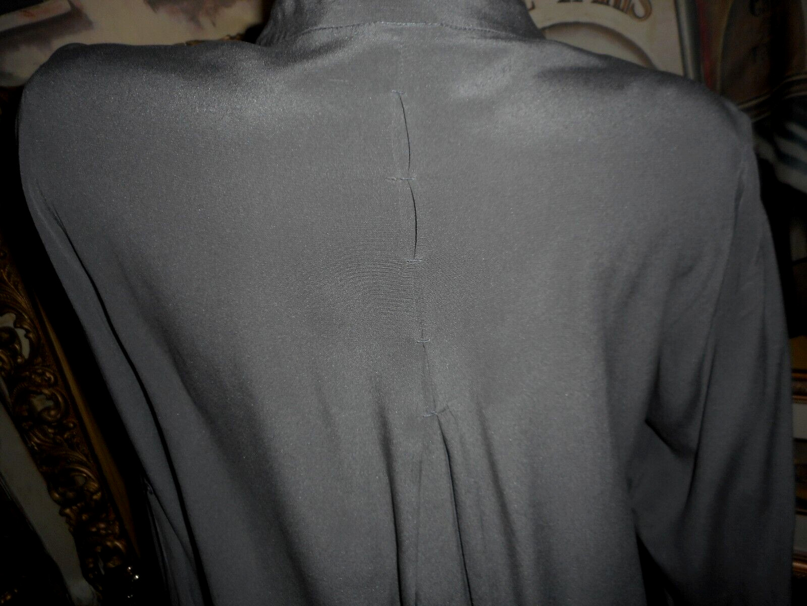 M Silk Blouse Grey Silk Blouse Long Slv Soft Sueded Sand Wash Band Collar NOS