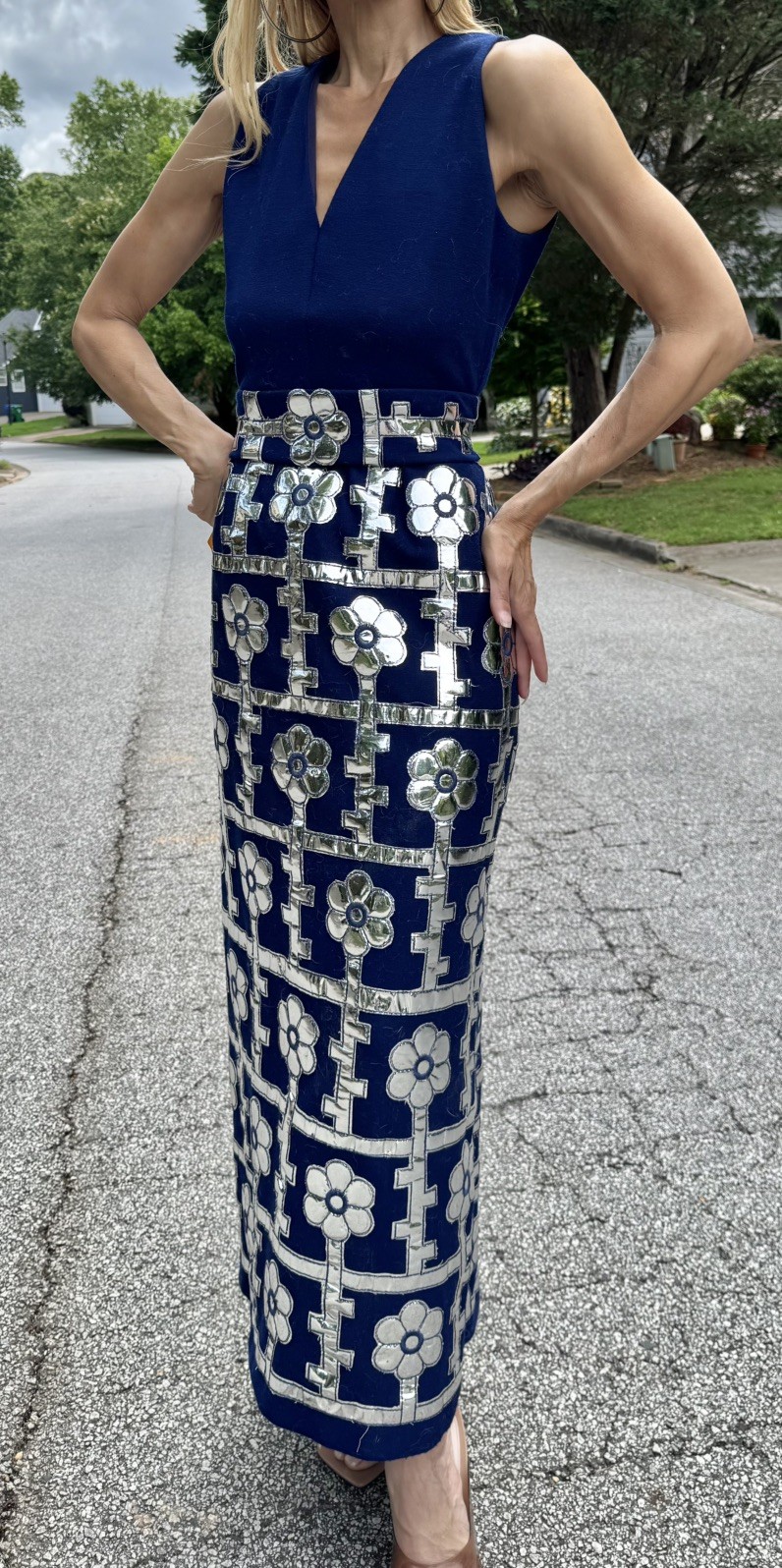 Vtg 60s Eleanor Brenner Couture Silver Mirror Space Age Maxi Dress Hostess S M