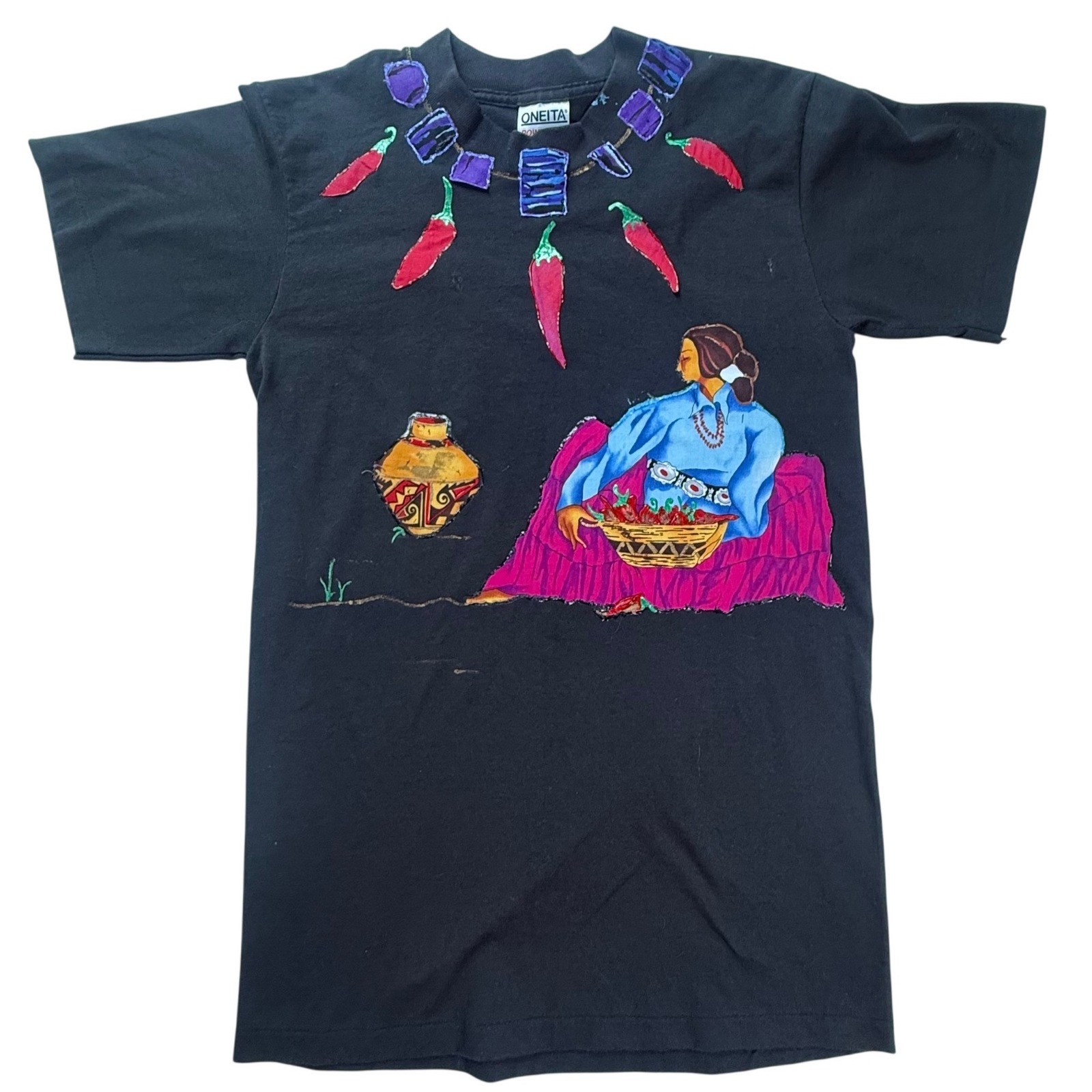Vintage Oneita Power 50 Southwestern Chili Pepper Graphic T-Shirt Black Medium