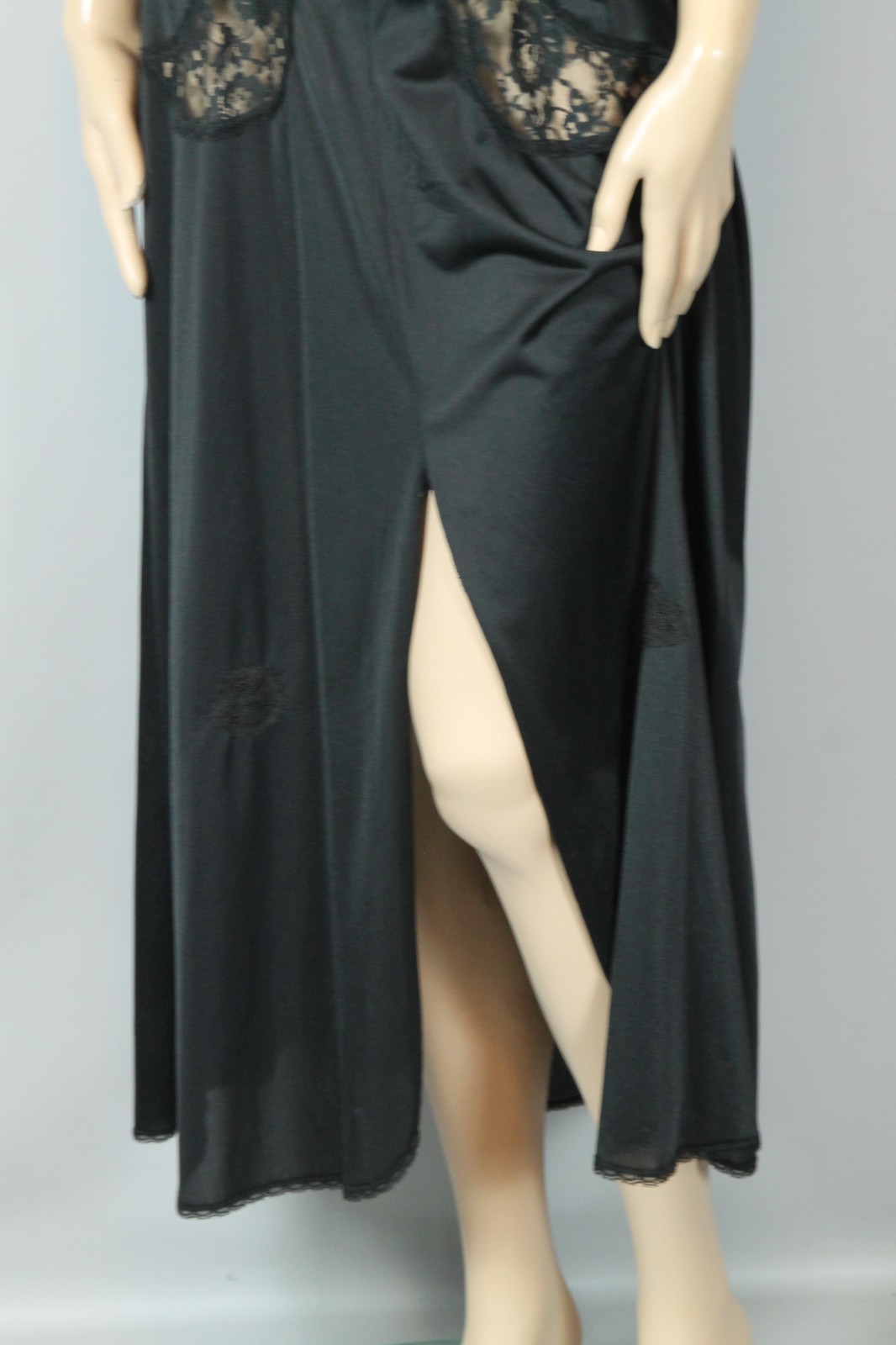 Vtg GLYDONS Made USA Hollywood Black Nylon Lace 2pc Peignoir Nightgown Robe M