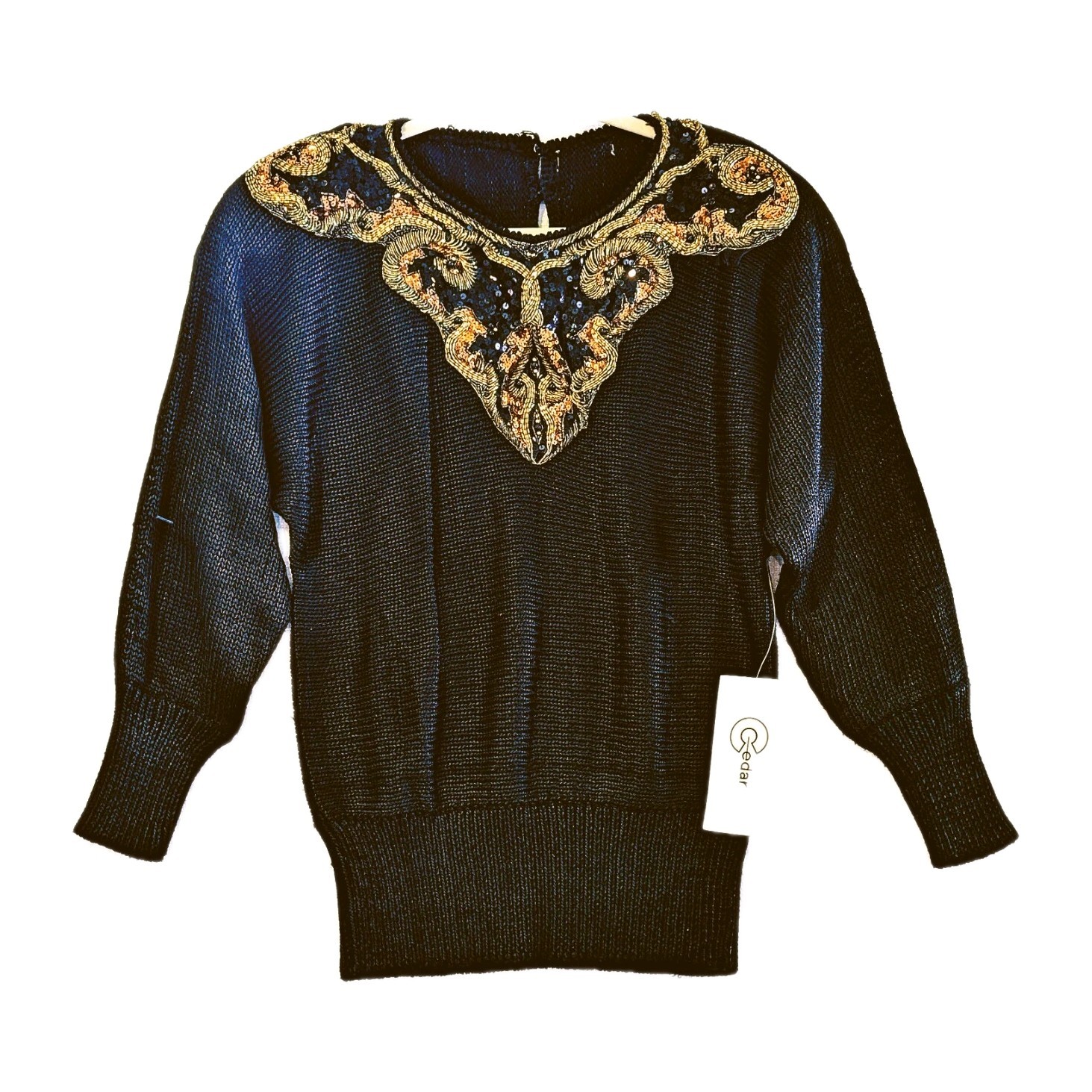 NWT Vintage 1980s Cedars Women’s Black Ramie Sweater with Beaded Appliques Sz M