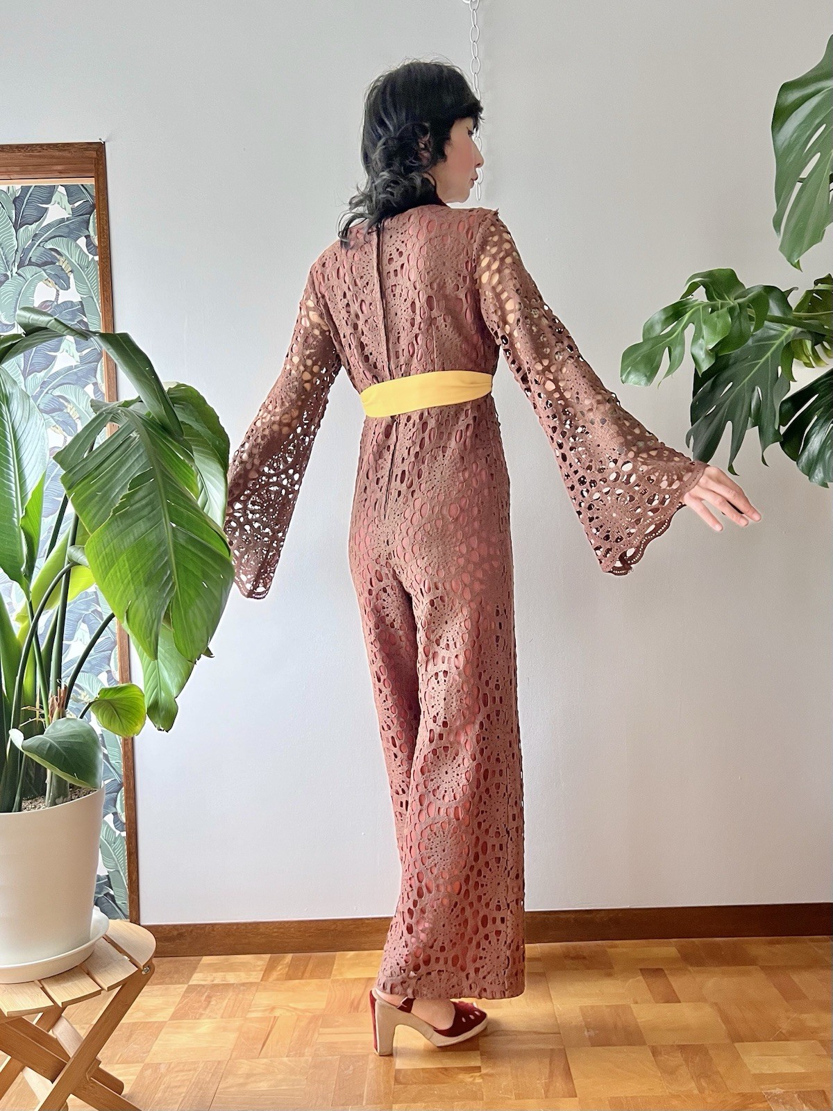 60s 70s Joy Stevens California Crochet Lace Bell Sleeve Flared Wide Leg Jumpsuit