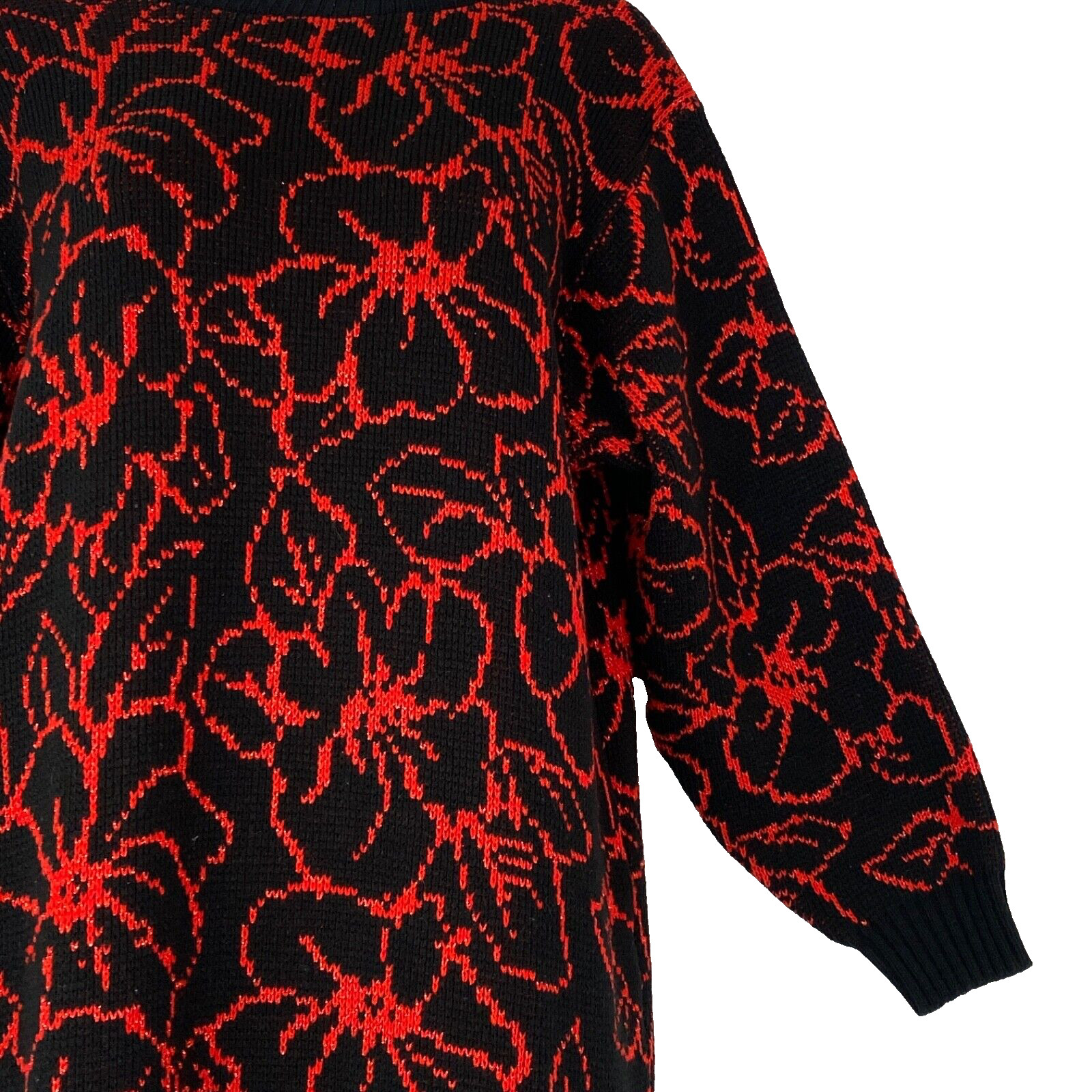 Vintage 1980s black red sweater dress, metallic glam floral oversized acrylic M