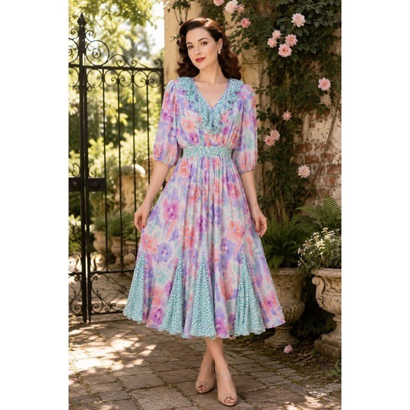 80s Vintage Assorti by Susan Freis Pastel Ruffle Bodice Dress Small Ruffle LS