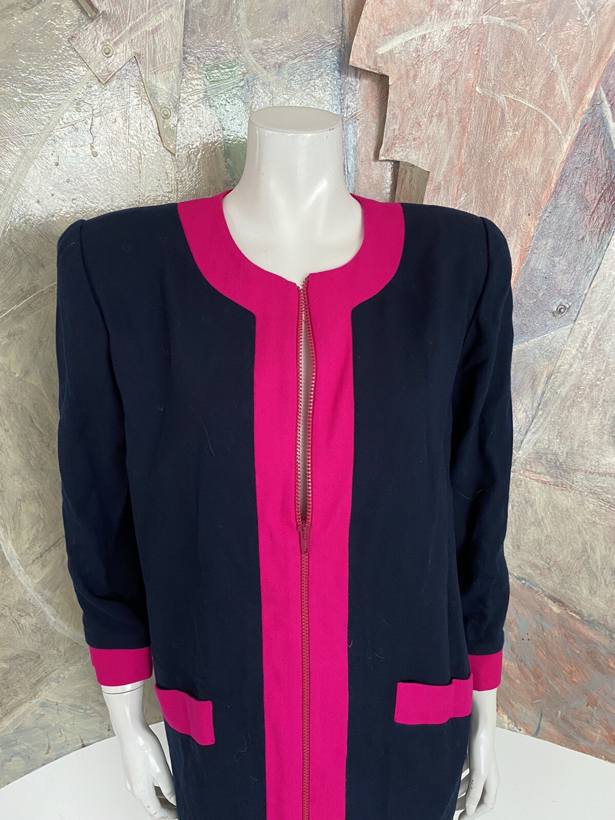 Vintage Henri Bendel Neon Pink Blue Wool Shift Zippered Pocketed Dress Size 8