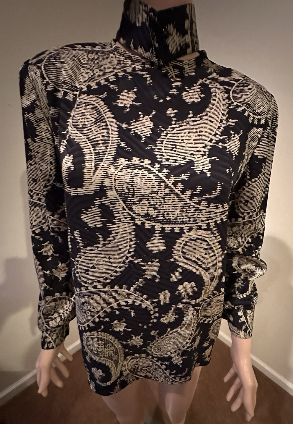 Vintage Giorgio Armani 100% Silk High Neck Paisley Blouse Italy Size 38