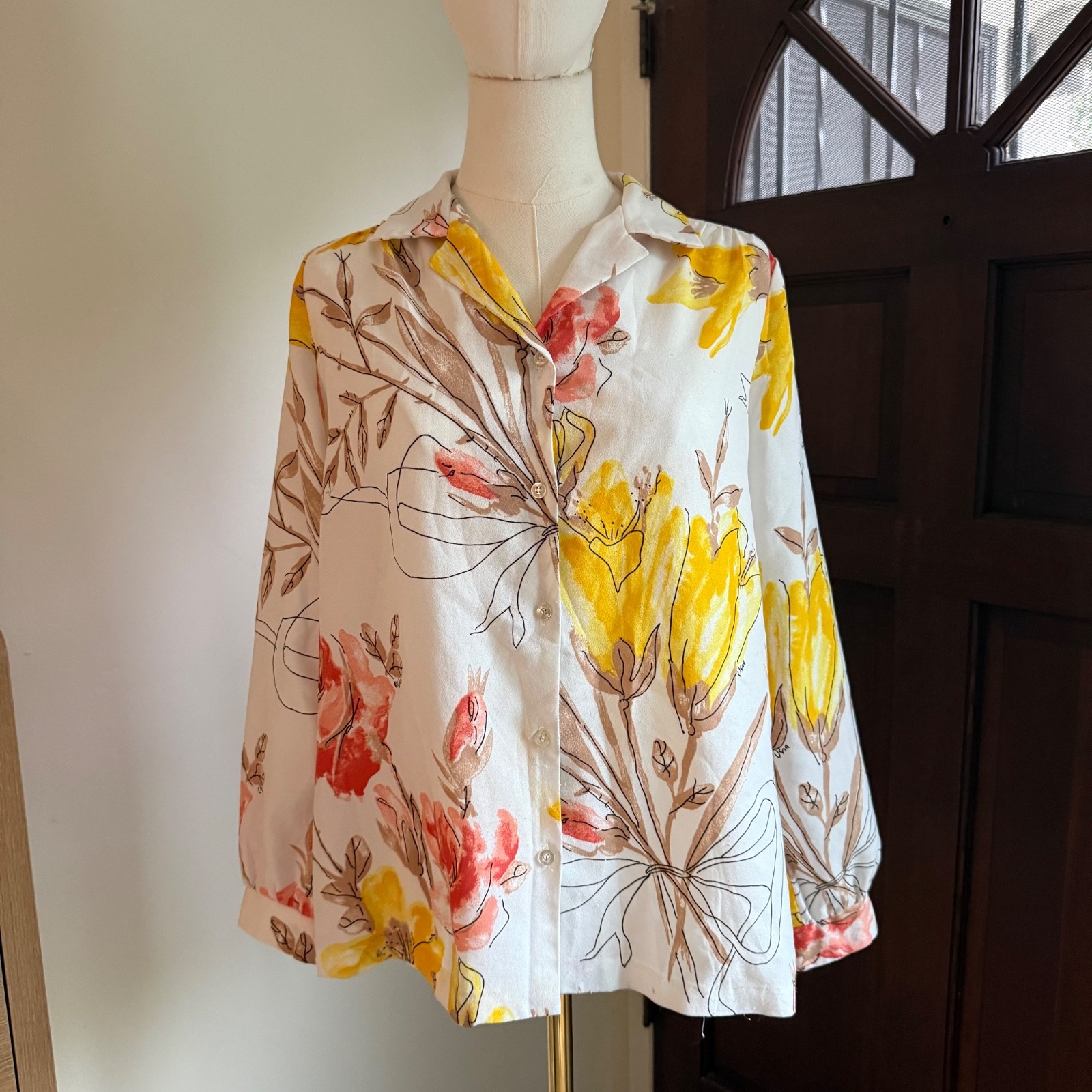 Vtg 60/70s Vera Neumann Novelty Print Floral Dagger Collar Button Up S/M