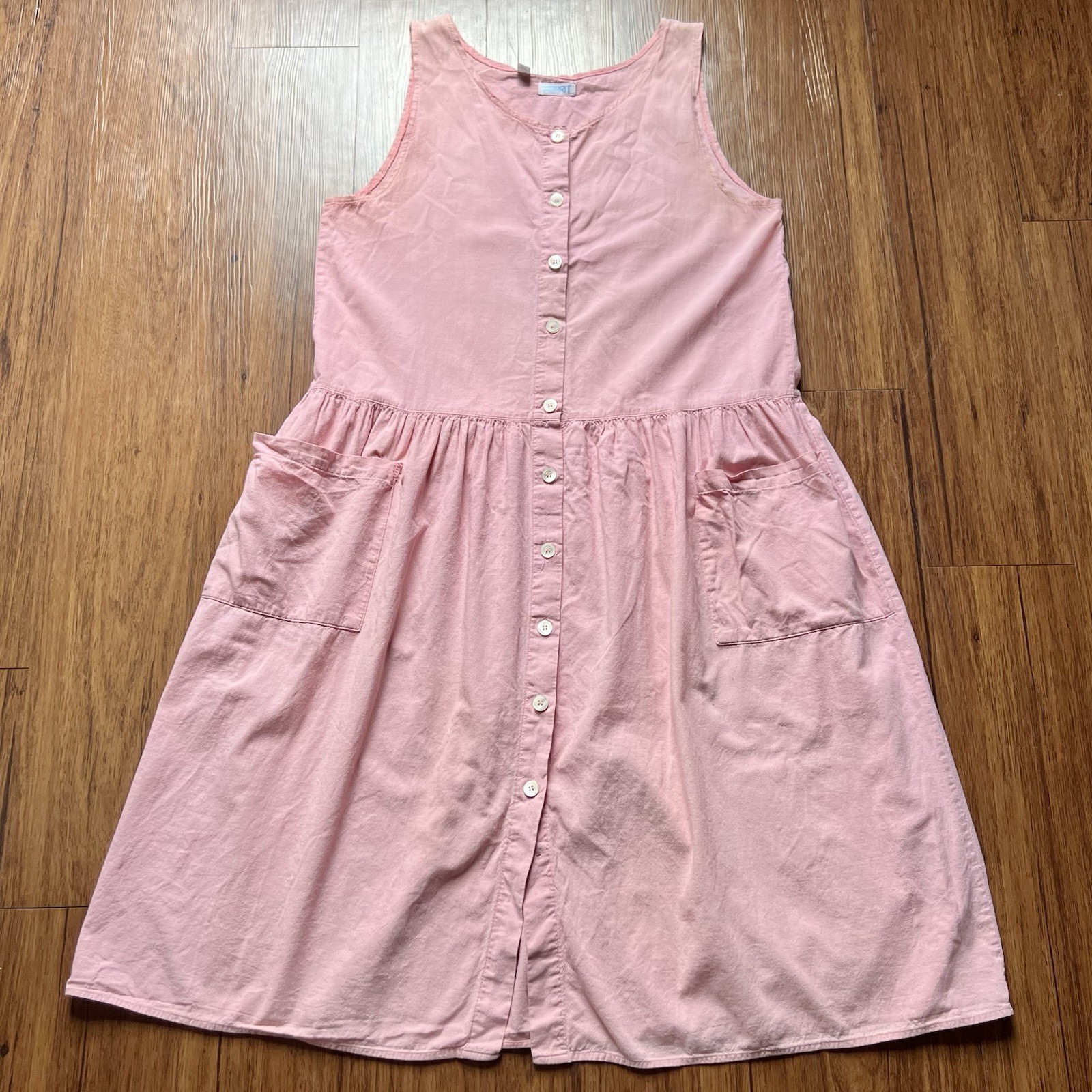 Vintage Esprit Tank Dress Large Pink Drop Waist Button Front Midlength Boho 90s