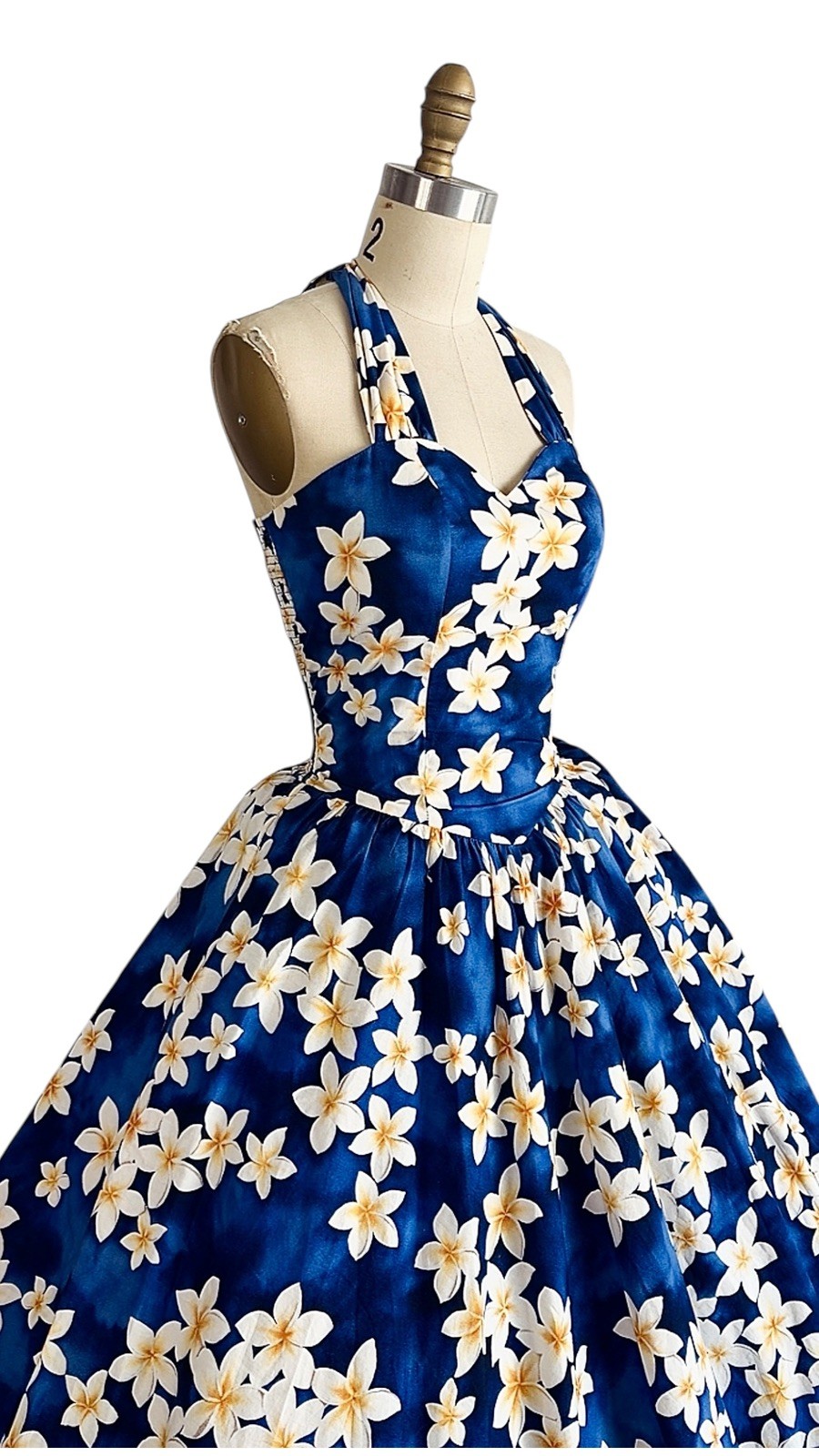 Vintage 1980s 1950s Style Blue Floral HAWAIIAN Pinup Dress Halter Top Sundress