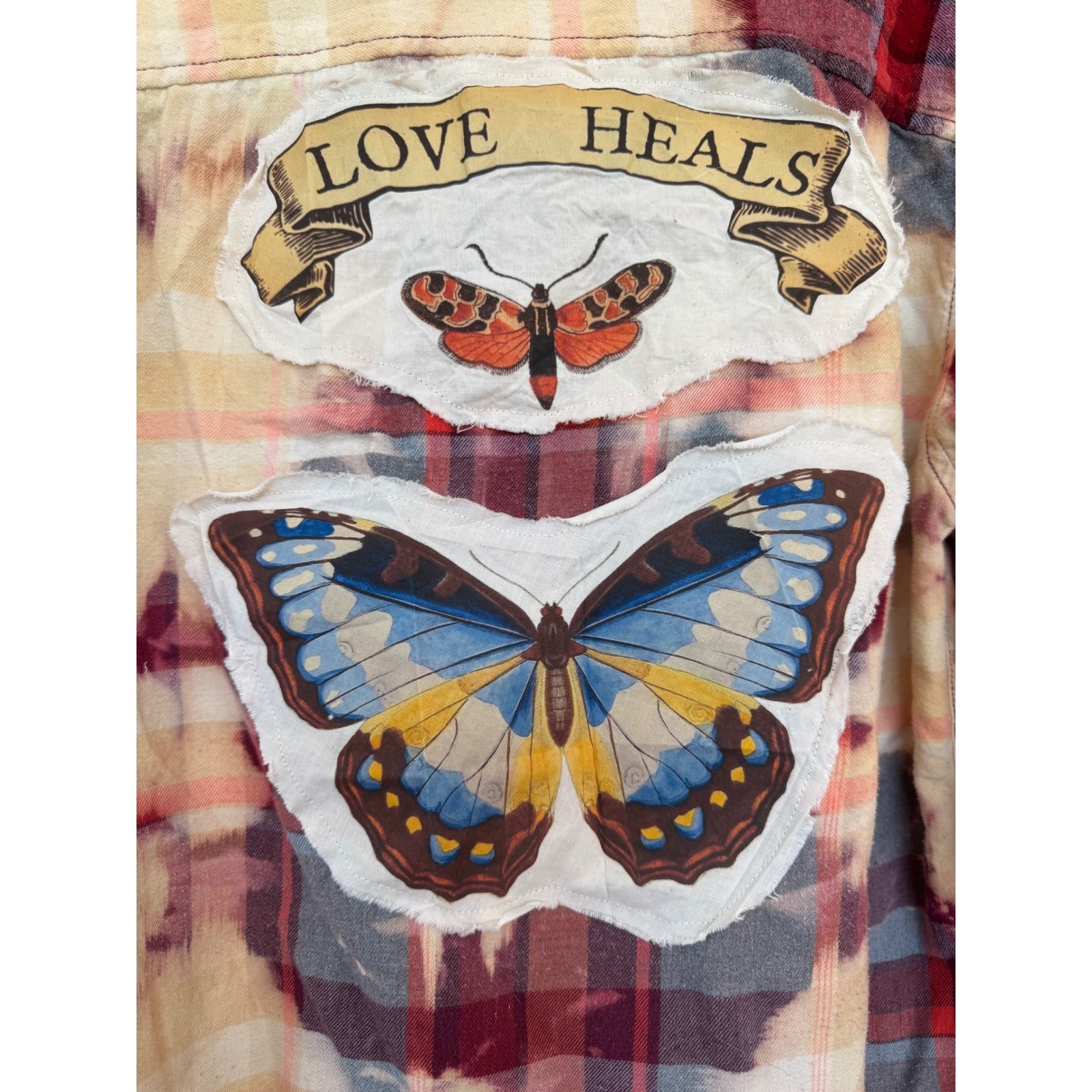 Upcycled Butterfly Flannel Shirt Large Bleach Dyed Love Heals Cotton