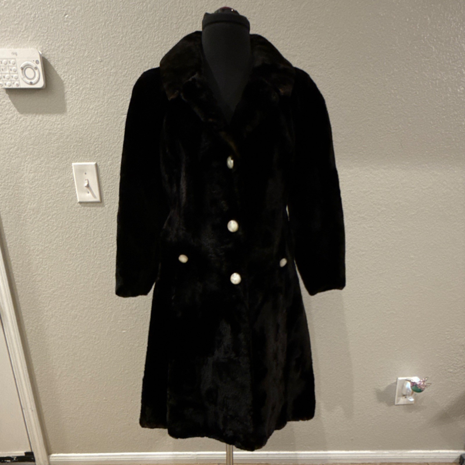 Jean Louis Bonwit Teller Black Vintage Fur Coat with Pearl Buttons