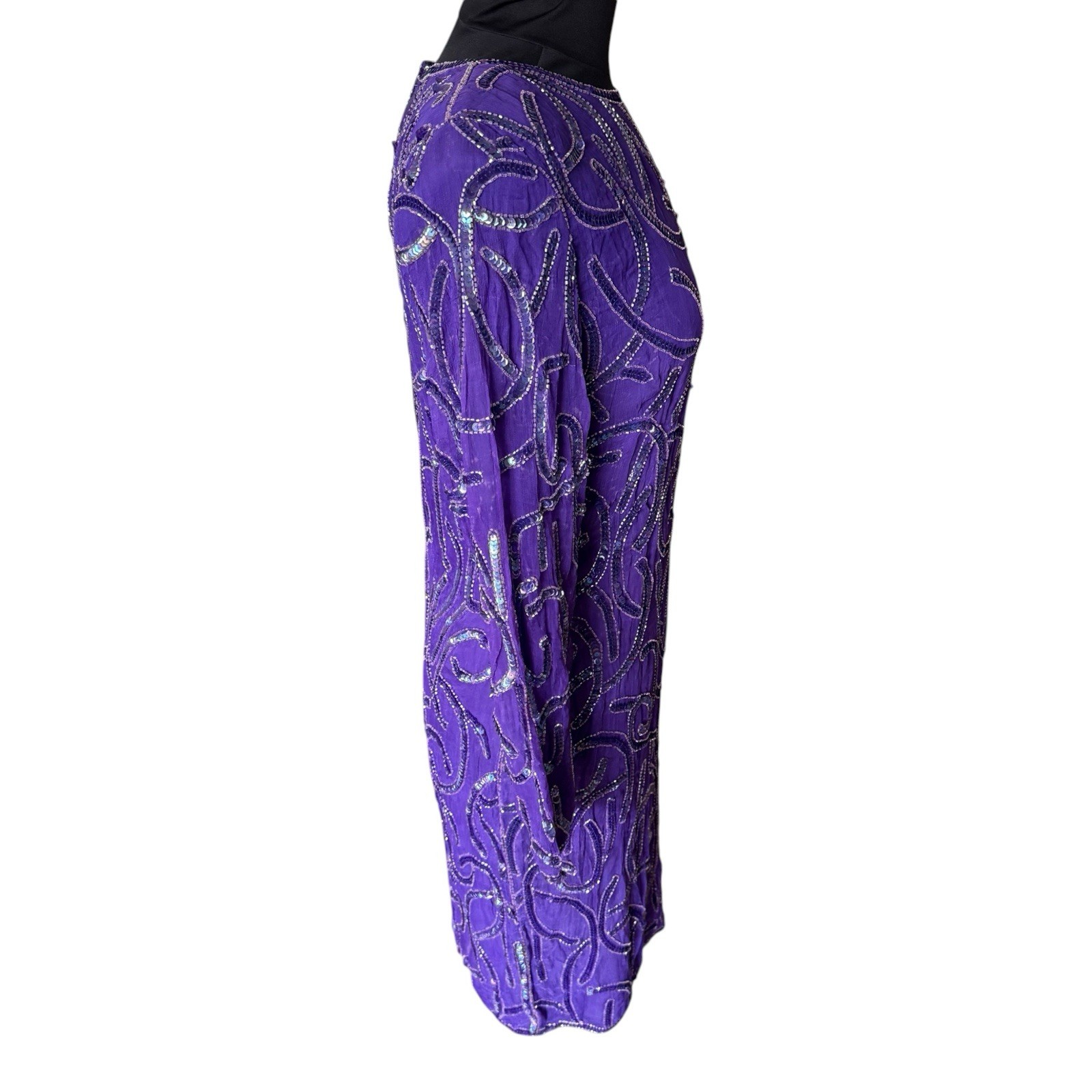 Vintage Carina Purple 100% Silk Beaded Long Sleeve Mini Dress
