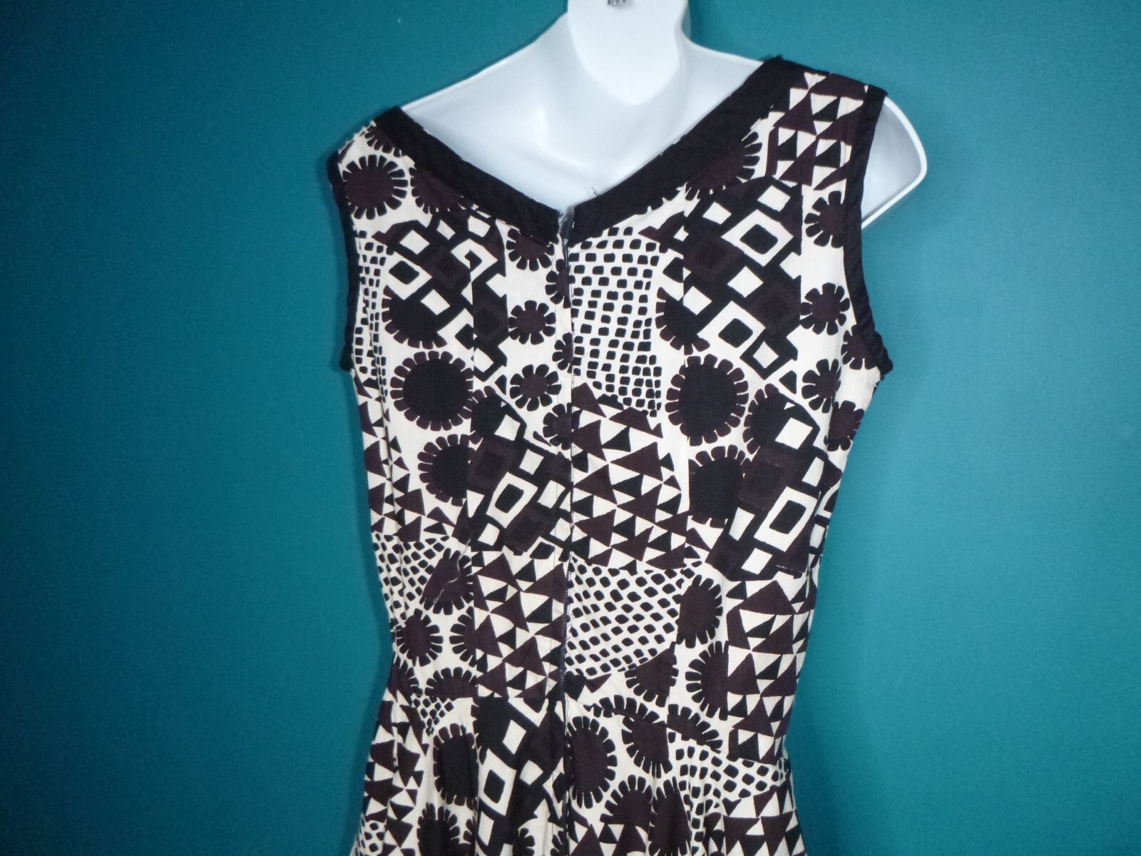 Vtg 60s Fit and Flare Dress MOD Black Brown White Abstract Floral Print Sz S/M