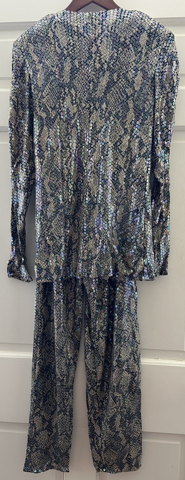Vintage 80s Luxury Pant Suit Sz S Sequin Jersey Snakeskin Rhinestone CRISCIONE