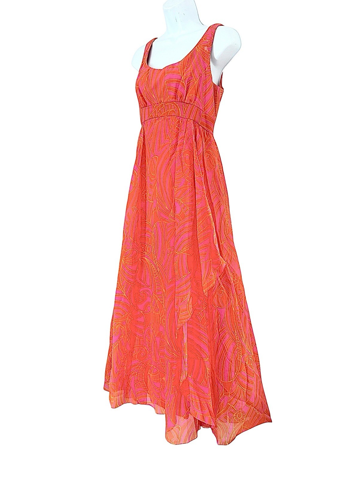 Vintage 60s Pavilion for I. Magnin Bright Pink Orange Patterned Maxi Gown