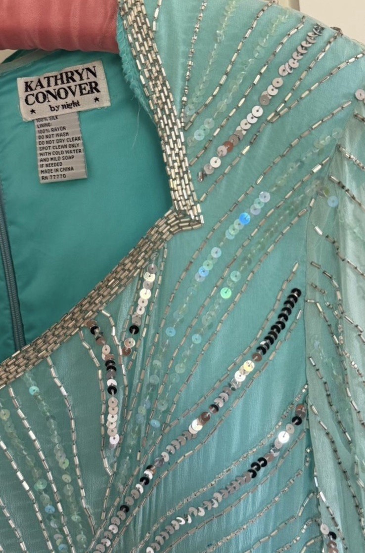 Vintage Kathryn Conover by Night Silk Sequin Beaded Dress Turquoise 80s Glam