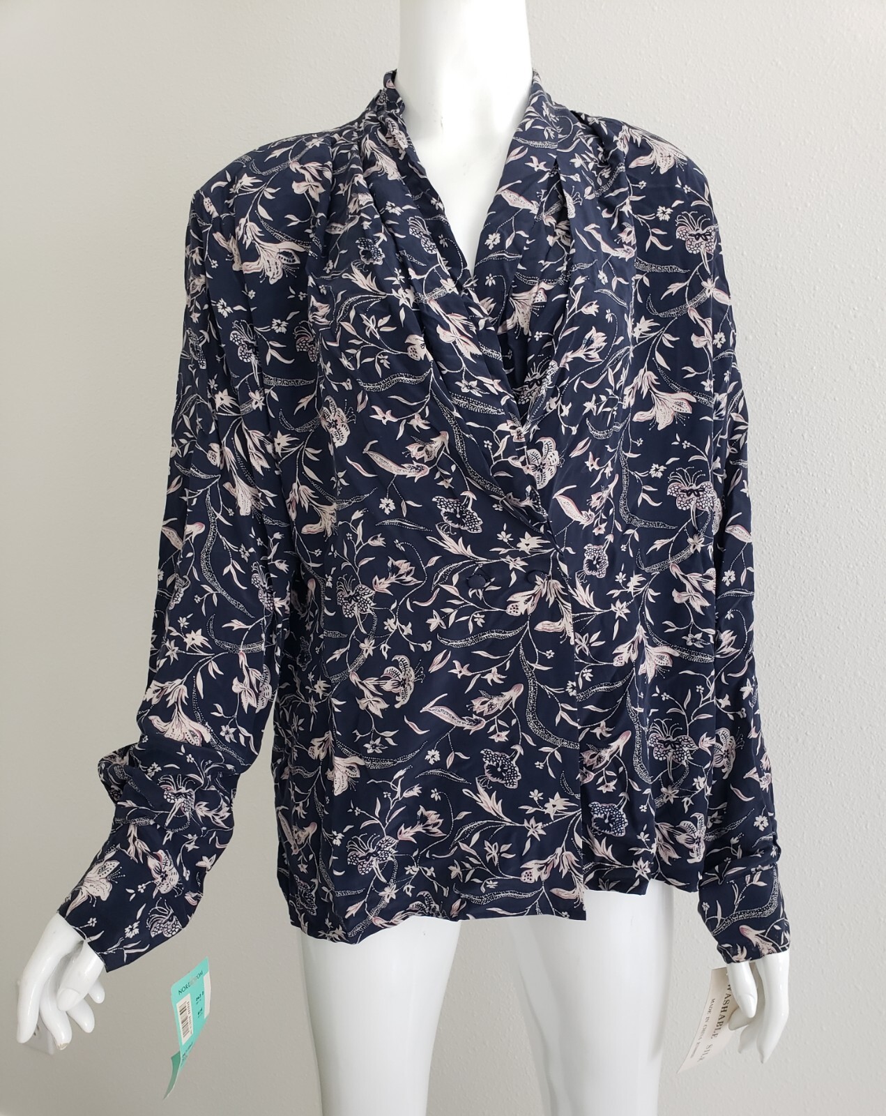 Silkland Vintage Size 10 Crossover Silk Blouse Blue White Floral Long Sleeve NWT